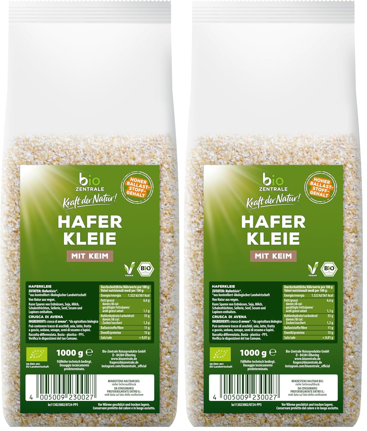 Biocentral bio ovesné otruby 1 kg | Výhodný balíček | Zdroj bílkovin s vysokým obsahem vlákniny | Přirozeně vegan | Ze zemědělství EU | Nízký obsah cukru