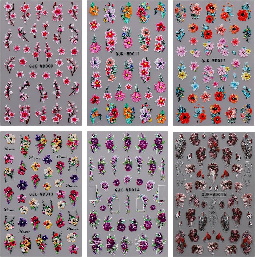 JMEOWIO Nálepka na nehty Blumen 6 Blatt Nálepka na nehty Selbstklebend Nagelaufkleber Letní Blumen Dekorace Nageldesign Zubehör