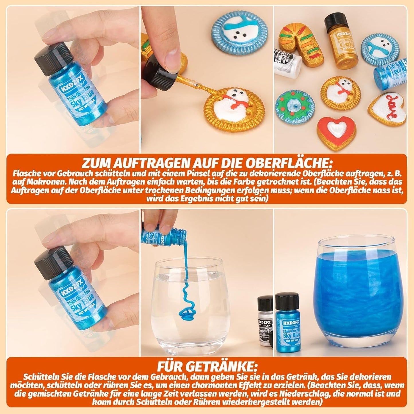 Essbarer Glitzer - 3 Torten Kuchen Deko Essbare, Metallic Lebensmittelfarbe Flüssiges, Jedlé třpytky Für Muffin, Koktejl, Marshmallows - 10 ml Naty Shop