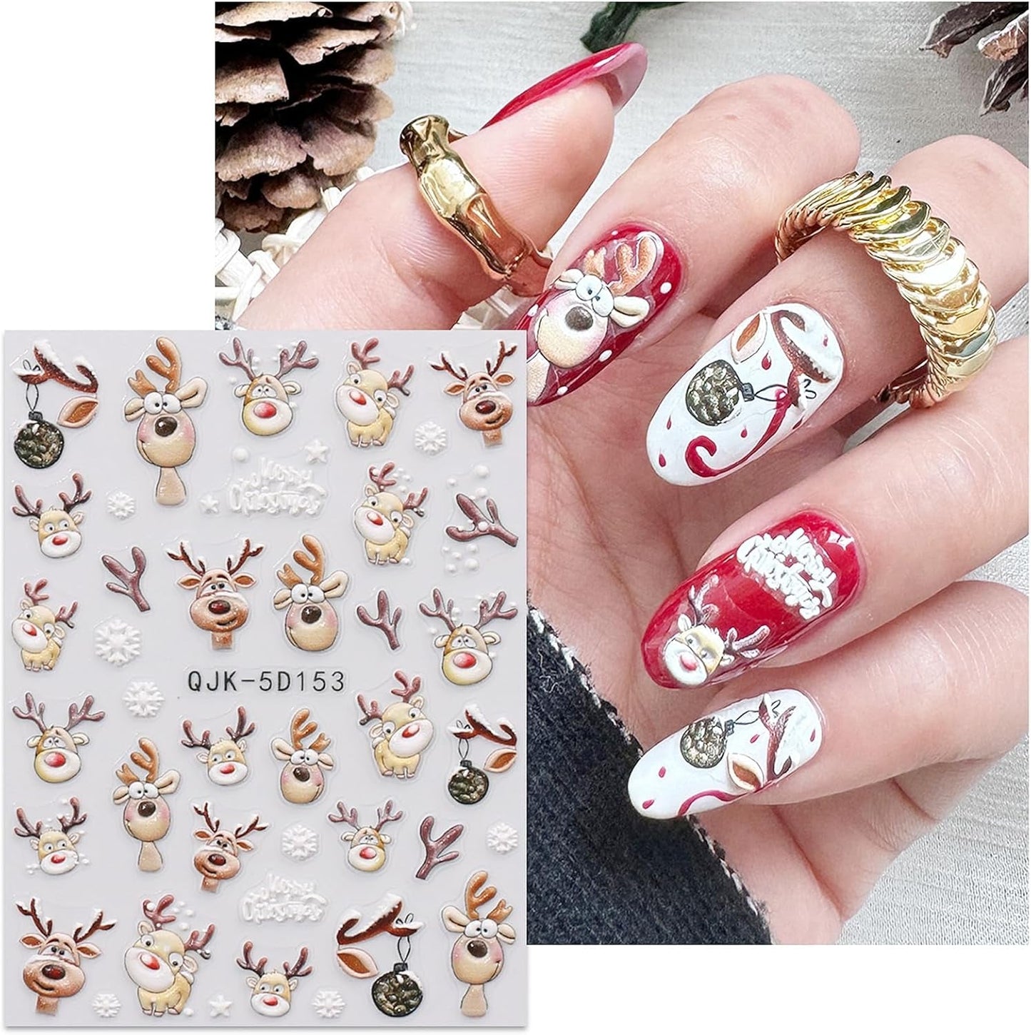 JMEOWIO 3D Nálepka na nehty Weihnachten Nálepka na nehty Selbstklebend Nagelaufkleber 5D Stereoskopisch Schneeflocke Xmas Winterurlaub Niedlich Dekoration Nageldesign Zubehör 4 Blatt