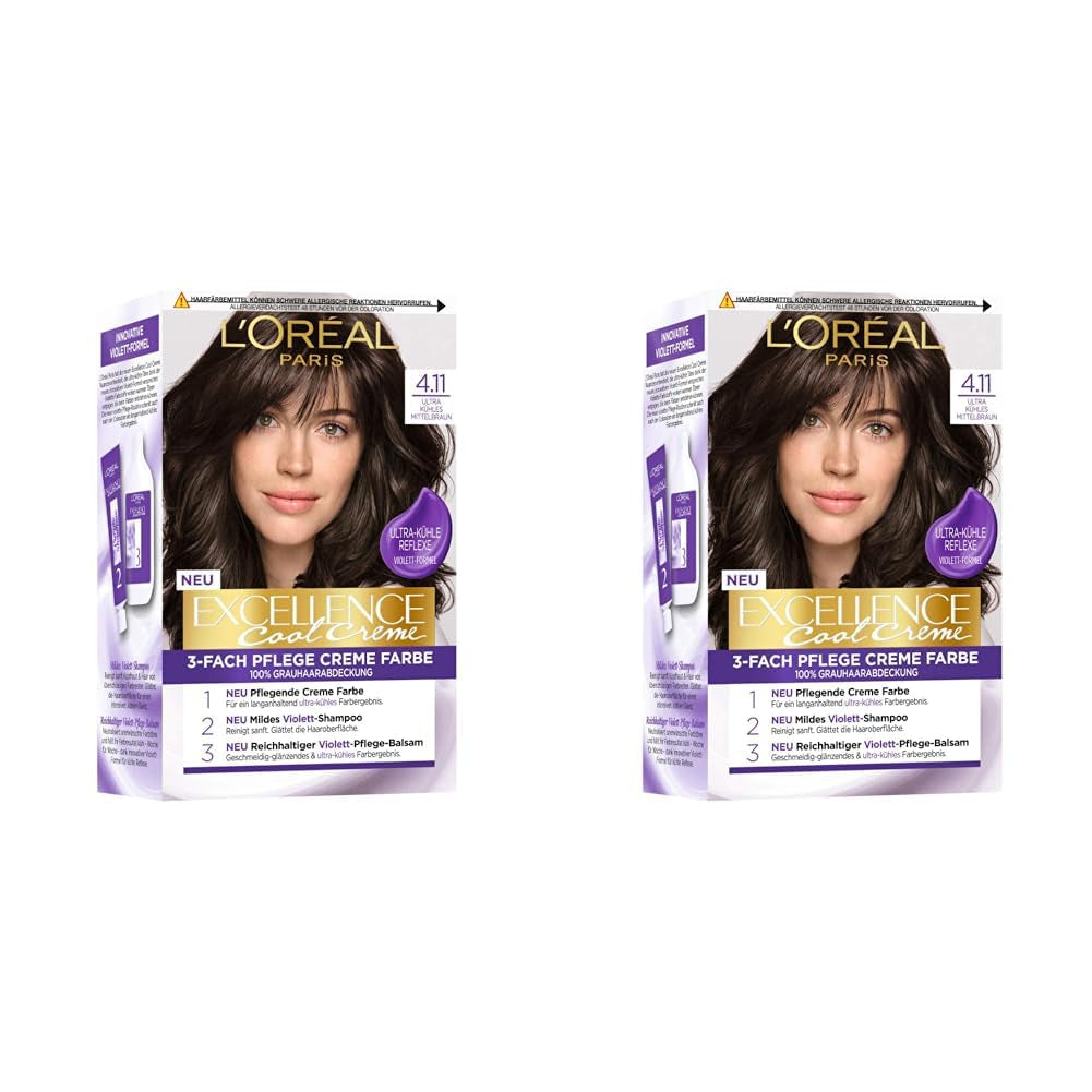 L'Oréal Paris Permanentní barva na vlasy s barevným výsledkem, 100% krytí šedivých vlasů, sada s barvením, šamponem a pečujícím krémem, Excellence Cool Creme, no. 4.11 Ultra Cool Medium Brown (Brown) Naty Shop Hair Dye Výchozí název