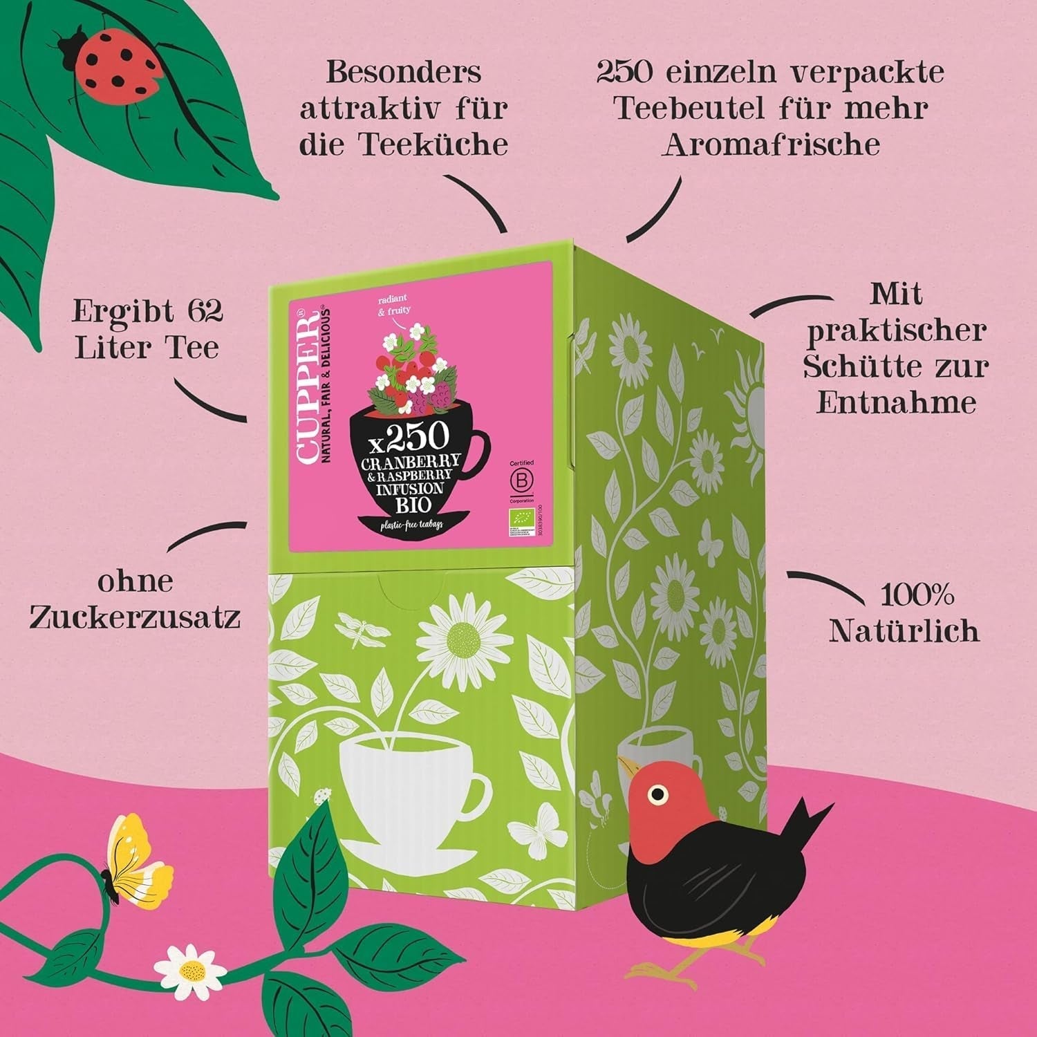 Cupper Bio ovocný čaj Brusinka Malina | Malinový čaj | 250 nebělených čajových sáčků | Velké balení | Ideální do kanceláře | Ekologické | Fair trade