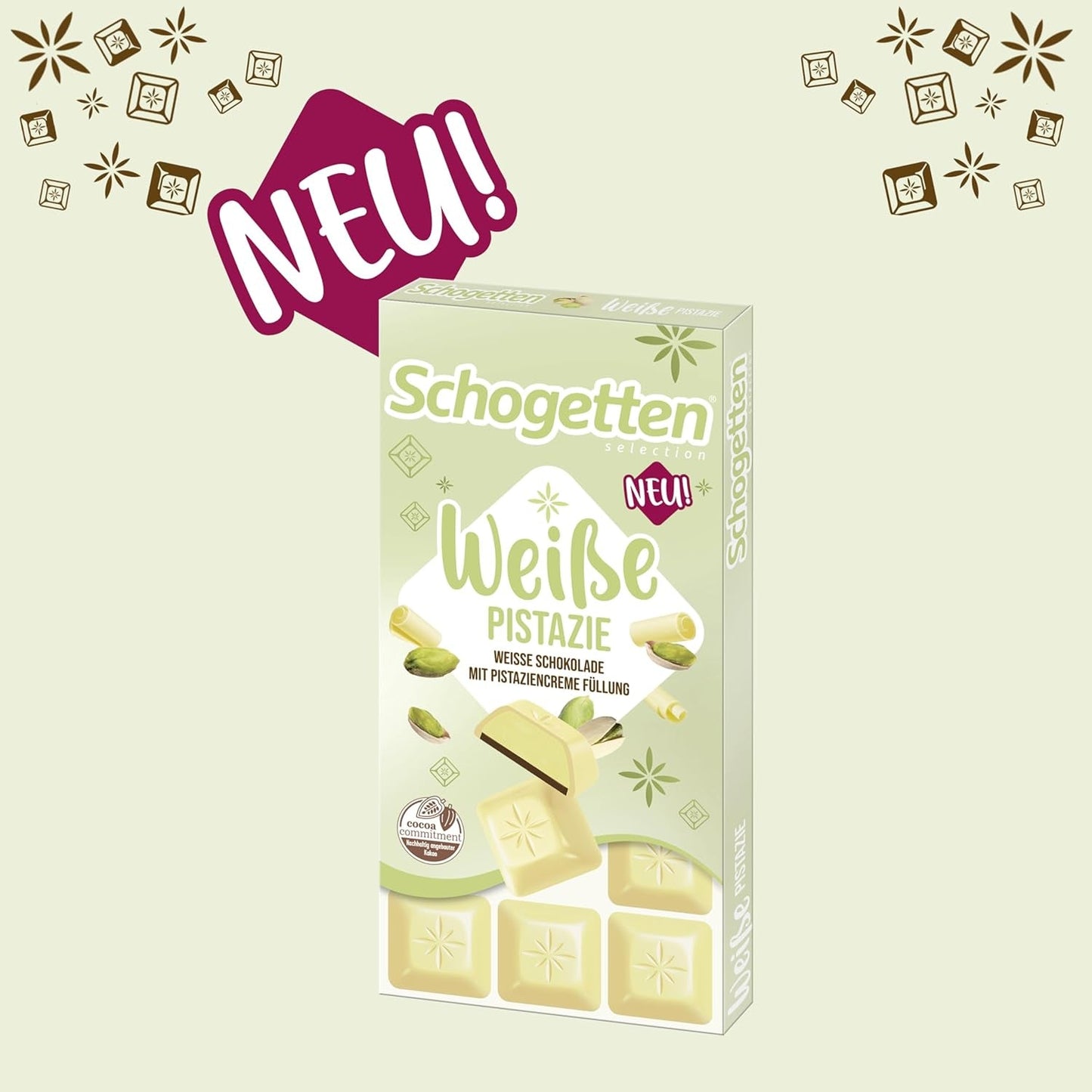 Schogetten bílé pistácie | Bílá čokoláda s pistáciovou krémovou náplní | 100 g | Pohodlně porcované (balení po 3 kusech)