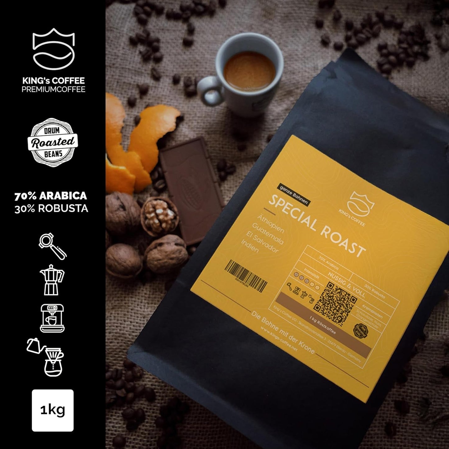 KRÁLOVSKÁ KÁVA - SPECIÁLNÍ PRAŽENÁ - 1 kg Barista Premium Espresso Beans - Káva s nízkou kyselostí - Pražení malých dávek v Itálii - Nejlepší směs Arabica-Robusta pro plně automatické a portafiltrační stroje