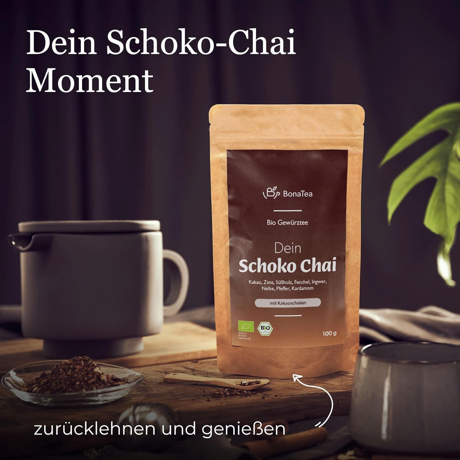 BIO Schoko Chai kořeněný čaj bez cukru, s kakaovými lusky, skořicí, lékořicí a dalším aromatickým Chai kořením, 100 g