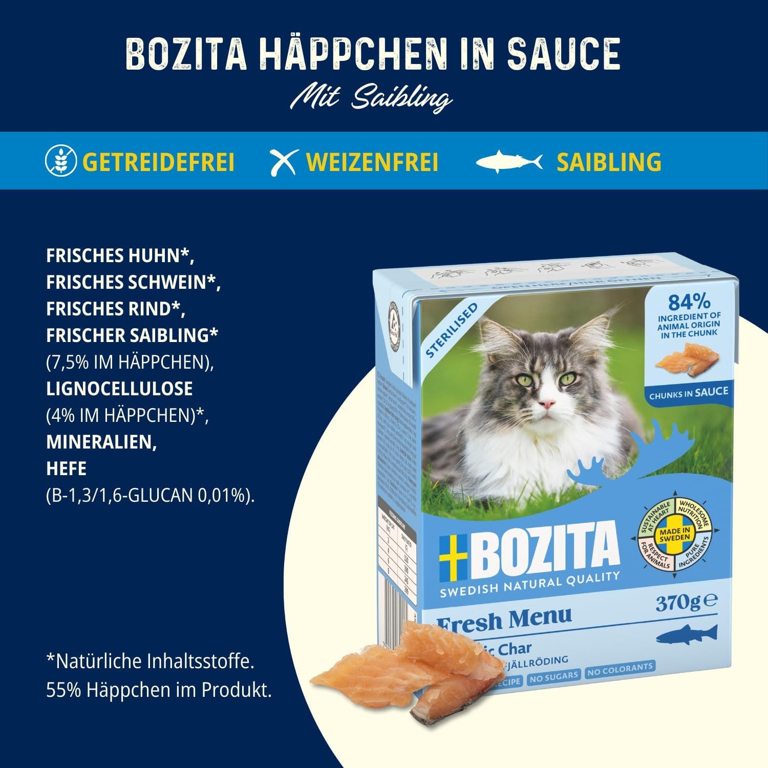 Bozita Tetra Sterilizované kousky v omáčce s dřevěným uhlím - 6 x 370 g Mokré krmivo pro kočky bez obilovin a cukru - bez GMO, s 8,5 % bílkovin a 4,5 % tuku - vysoce kvalitní a mimořádně chutné