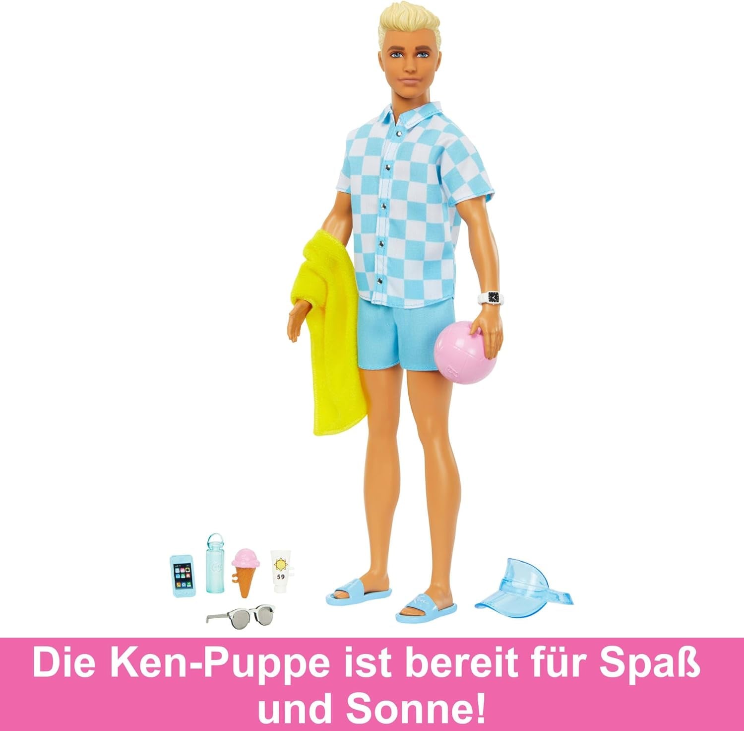 Barbie Ken - Blond panenka s modrou košilí a koupací zástěrou, plážovými doplňky a plážovým míčem pro kreativní hraní, od 3 let, HPL74