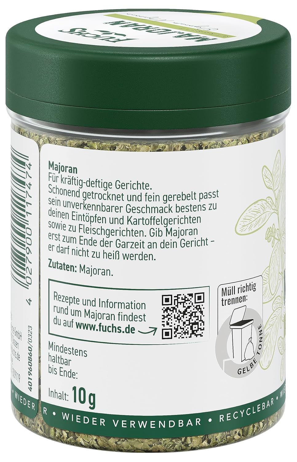 Fuchs Gewürze - Majoránka gerebelt - zum Würzen von Kartoffelgerichten, Fleischgerichten oder Eintöpfen - přírodní složky - 10 g v wiederverwendbarer, recyclebarer Dávka