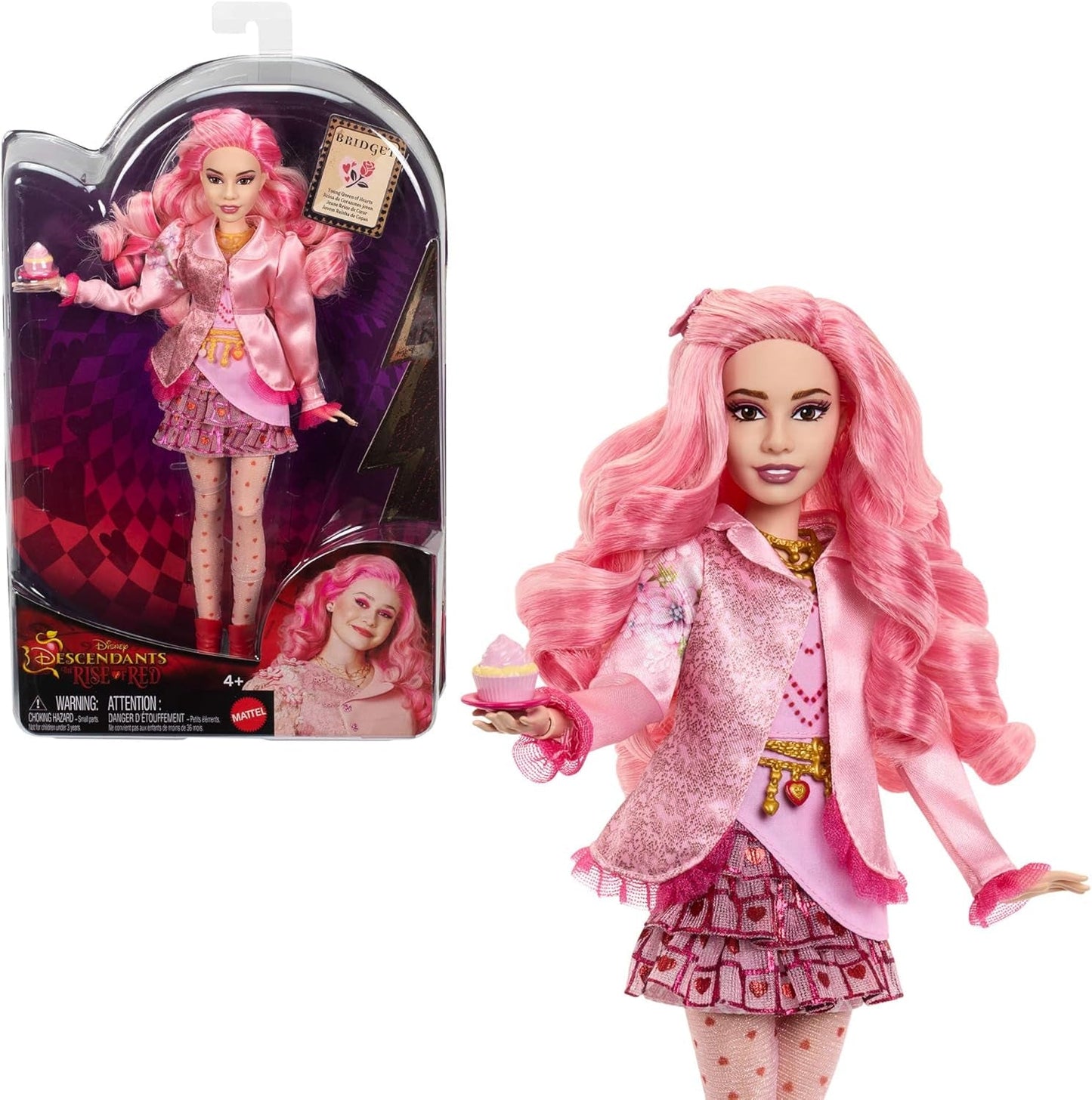 Mattel Disney Descendants: The Rise of Red Modepuppe a příslušenství – Bridget, mladý Herzkönigin, mit vom Filmový inspirátor Kleidung und Cupcake, HWT91