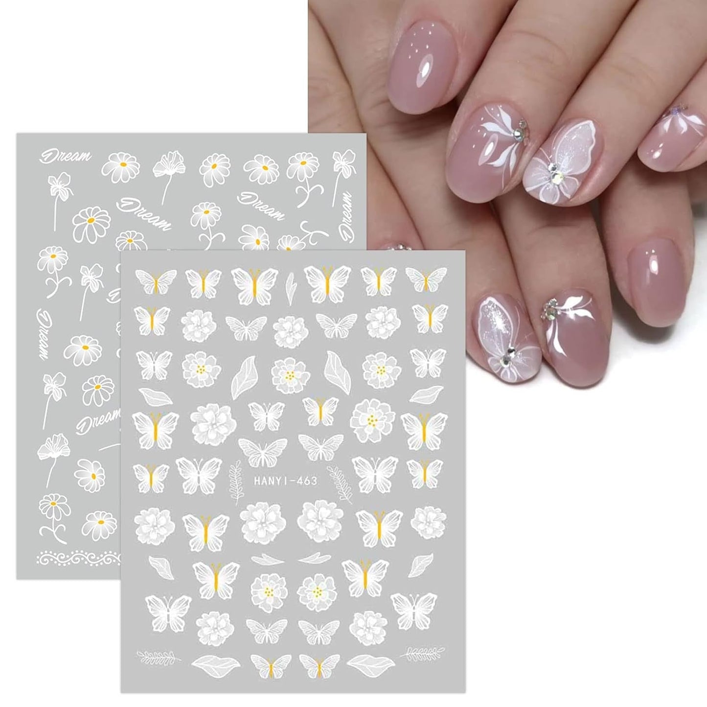 JMEOWIO Nálepka na nehty Frühlings Weiß Blume 12 Blatt Nálepka na nehty Selbtklebend Nagelaufkleber Letní Schmetterling Blumen Blatt Dekoration Nageldesign Zubehör