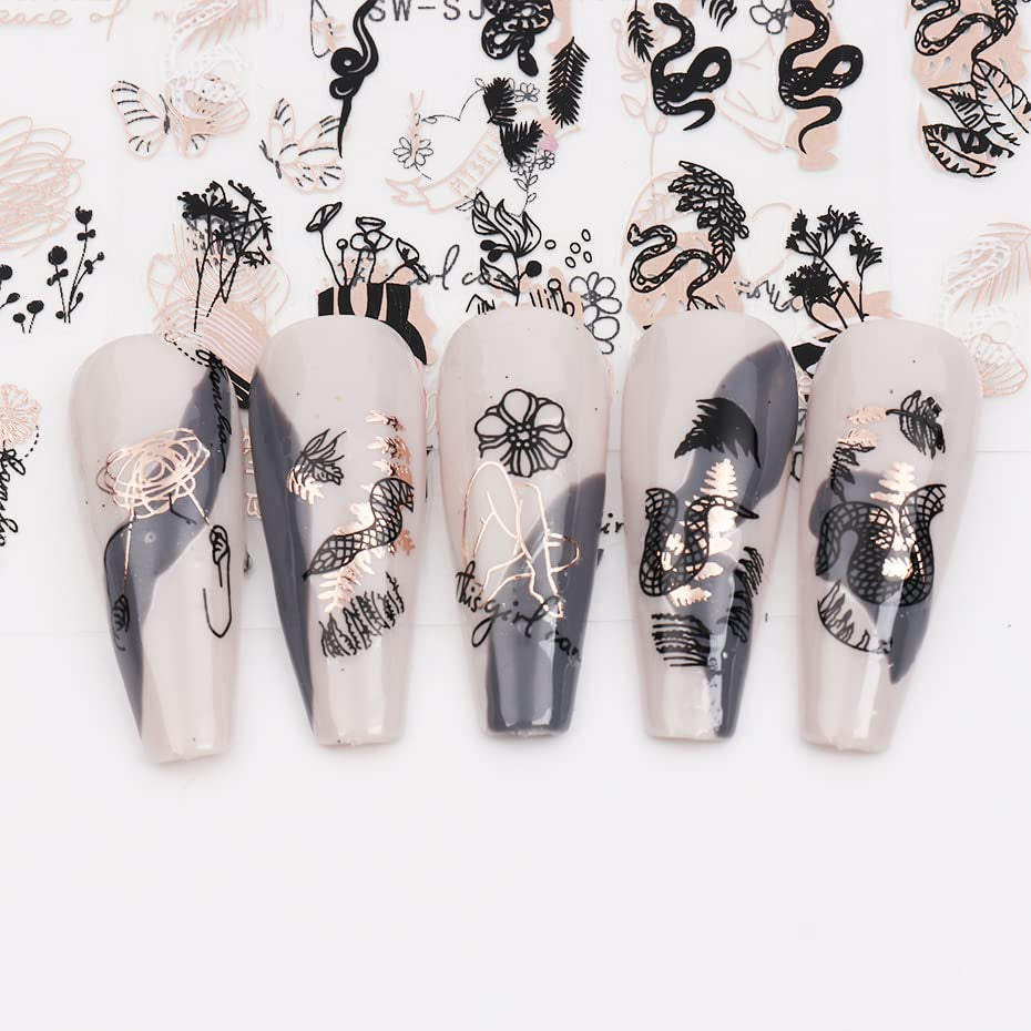 JMEOWIO Nálepka na nehty Rose Gold Schwarze Blume 12 Blatt Nálepka na nehty Selbtklebend Nagelaufkleber Frühlings Linie Abstraktes Blatt Dekoration Nageldesign Zubehör