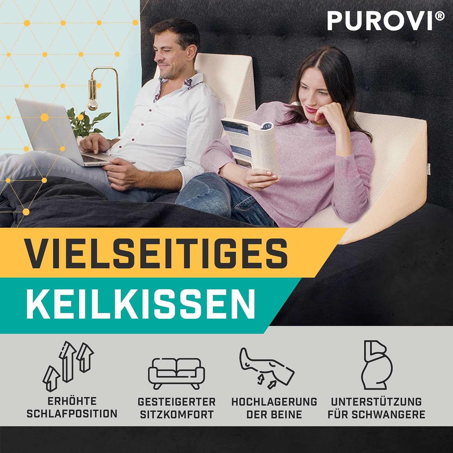 Klínový polštář na postel a pohovku - Ideální jako polštář na čtení, záda do postele nebo na zvedání nohou - Rozměrově stabilní pěna - Pratelný potah