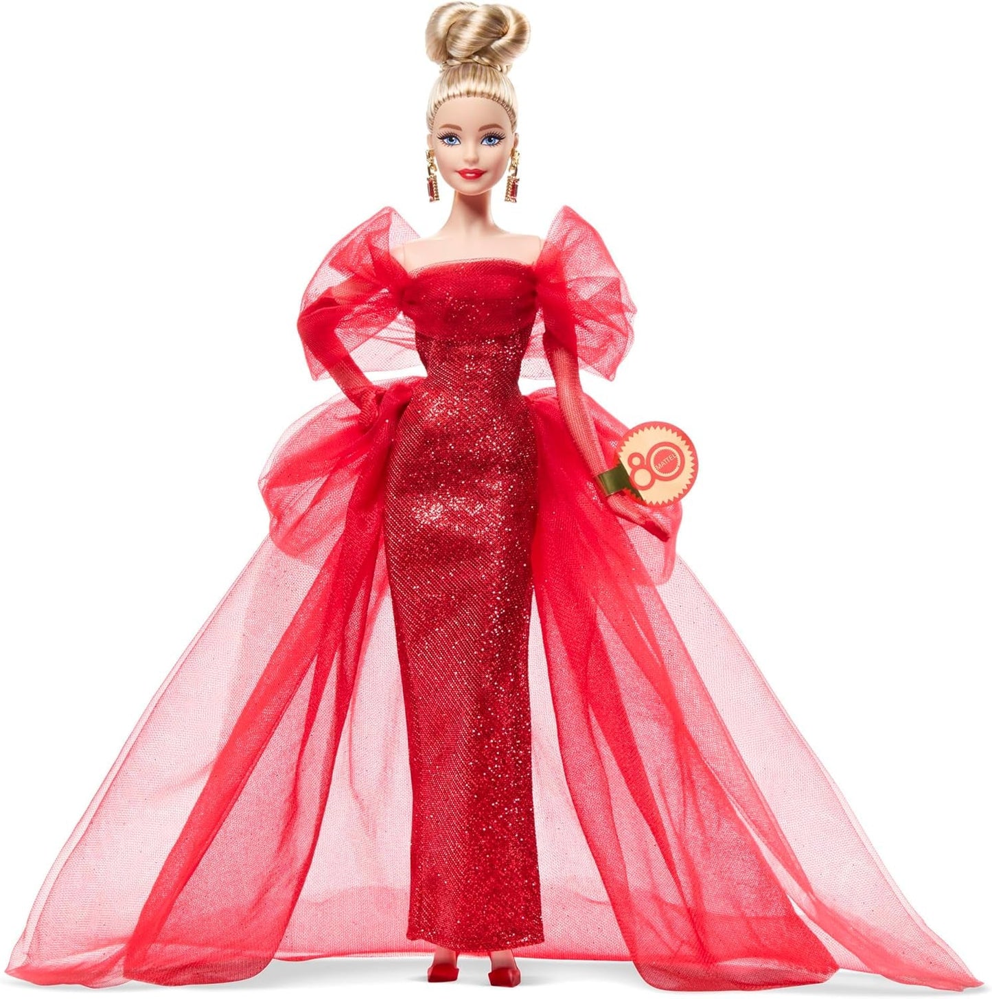 Podpisová panenka Barbie k 80. výročí Mattel sběratelská figurka v zářivě červených tylových šatech s náušnicemi ve tvaru slzy a jemnými rukavicemi Blond vlasy JBJ17