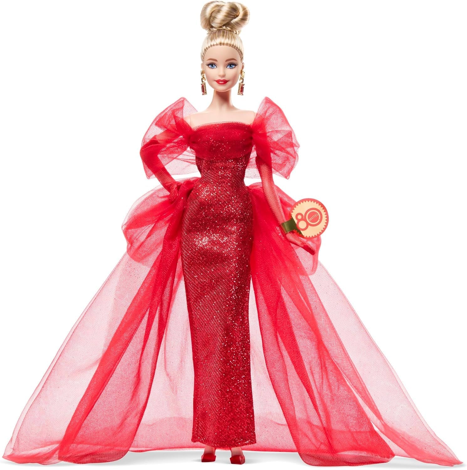 Podpisová panenka Barbie k 80. výročí Mattel sběratelská figurka v zářivě červených tylových šatech s náušnicemi ve tvaru slzy a jemnými rukavicemi Blond vlasy JBJ17