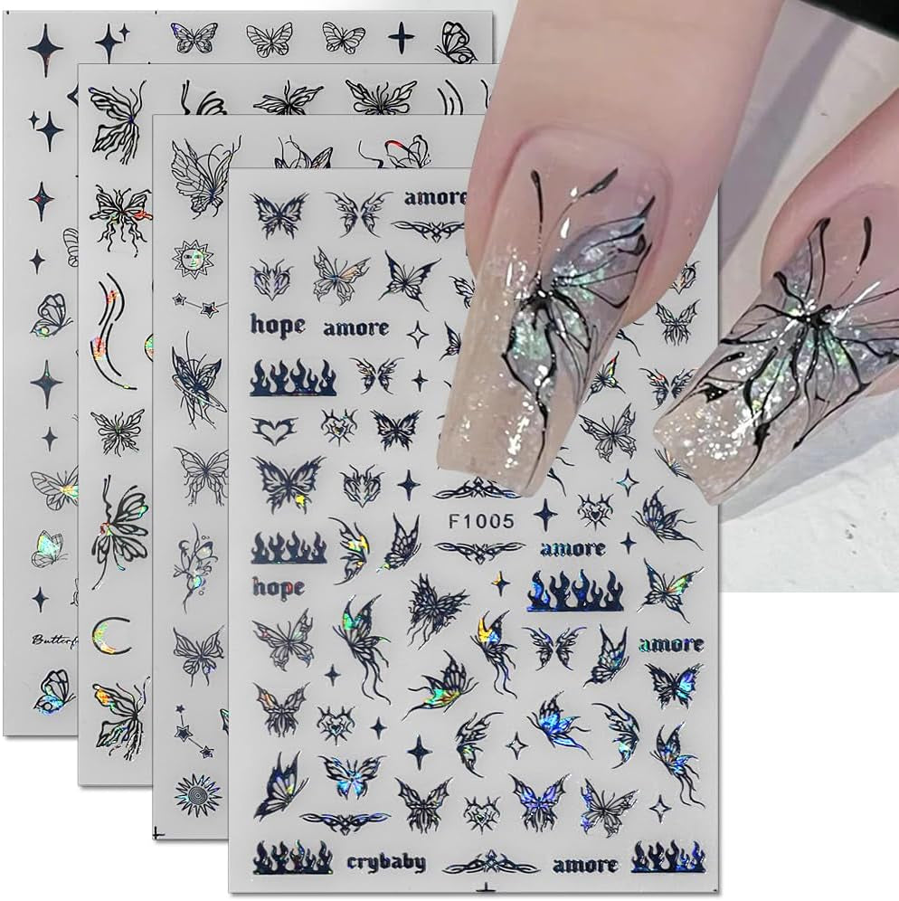 4 Blätter Holographisch Laser Weiß Schmetterling Nálepka na nehty,Y2K Aurora Schmetterlinge Stern Nálepka na nehty 3D Flamme Herz Nageldesign Nálepka na nehty Selbstklebend Nagel Nálepka Nagel Zubehör Nail Art