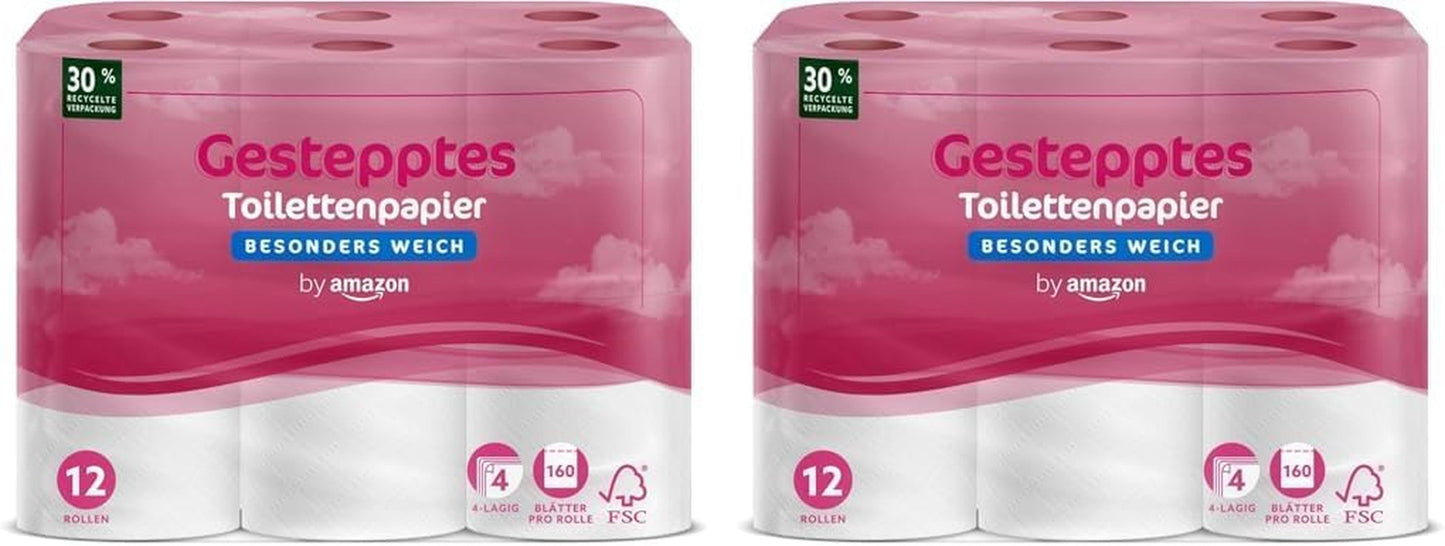 Toaletní papír Amazon, 4vrstvý prošívaný, extra měkký, 48 rolí (12 rolí, balení po 4 kusech), 160 listů na roli, certifikováno Fsc
