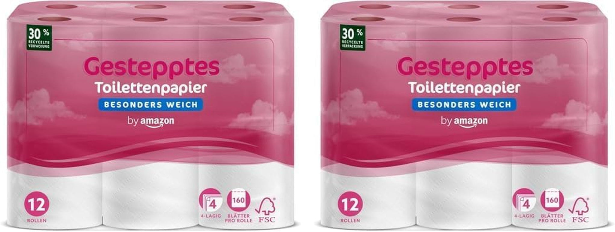 Toaletní papír Amazon, 4vrstvý prošívaný, extra měkký, 48 rolí (12 rolí, balení po 4 kusech), 160 listů na roli, certifikováno Fsc