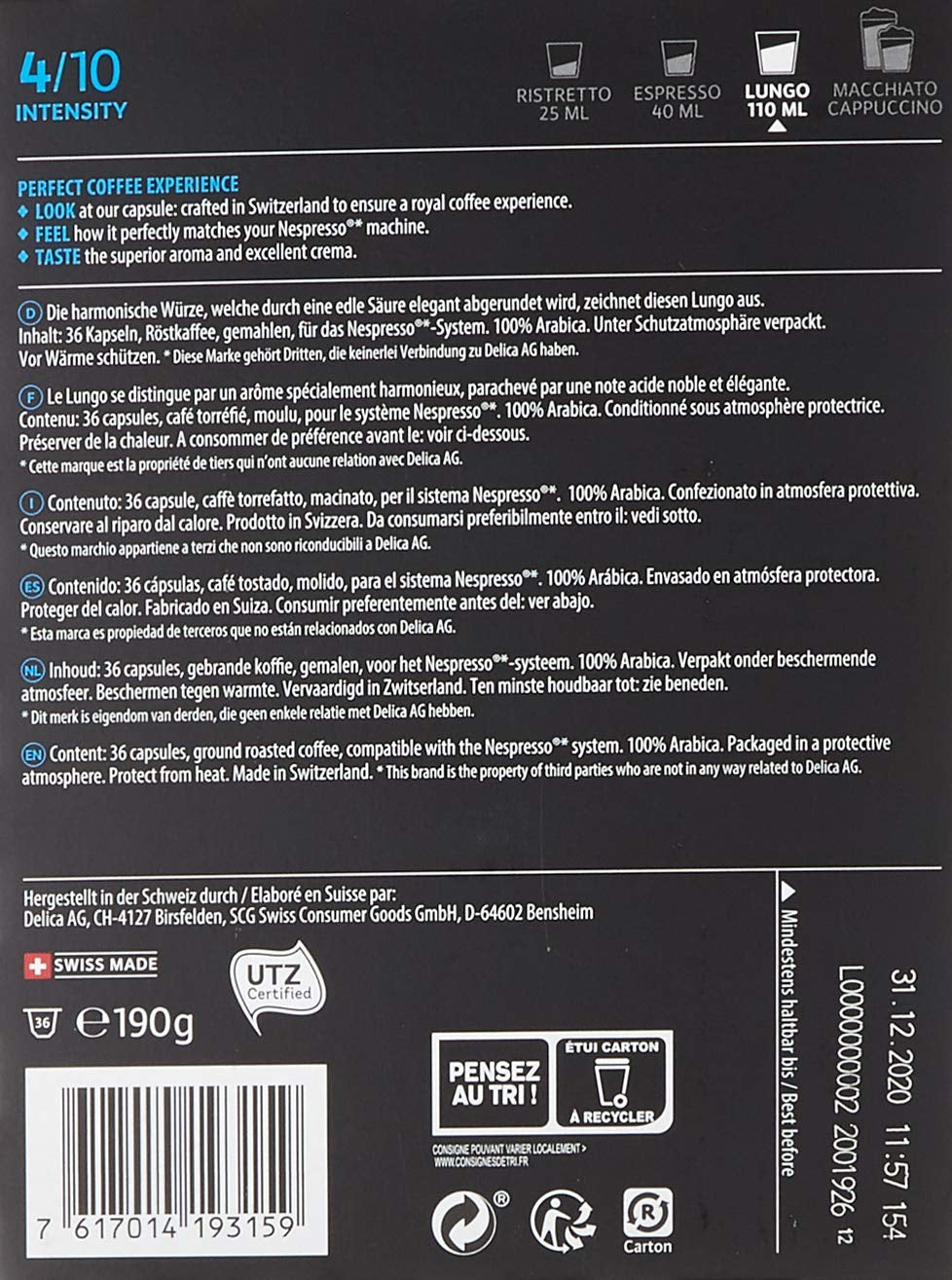 Café Royal s příchutí hořké čokolády 100 kapes pro Nespresso kávovar na kávu - 4/10 Intenzita - UTZ-zertifiziert, aus Aluminium & Lungo 36 Kapseln für Nespresso Kaffee Maschine - 4/10 Intenzita