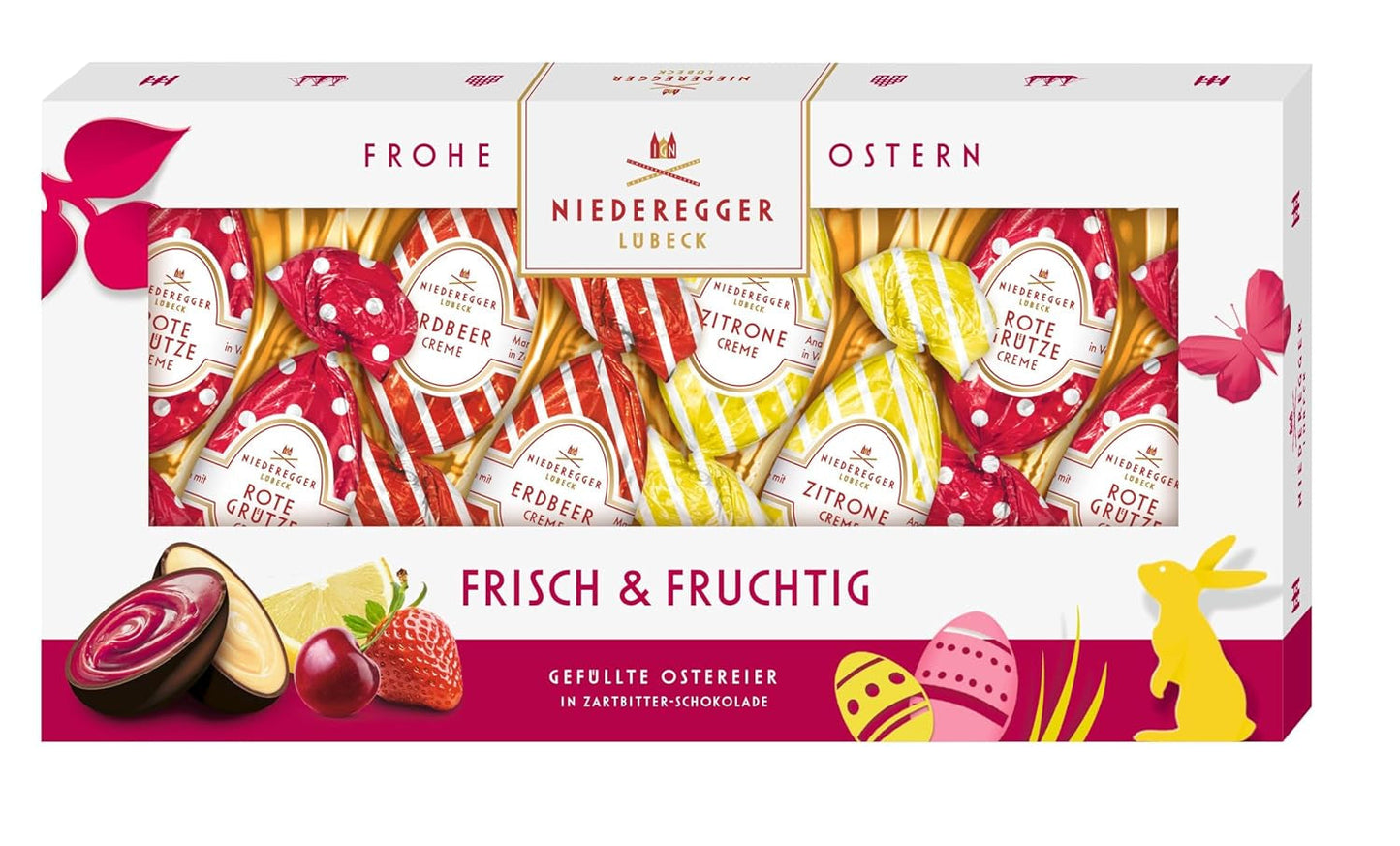 Niederegger | Čokoládová vajíčka | Svěží a ovocná | 1 x 100 g | Vejce plněná s příchutí citronu, jahody a krému z červených bobulí | Polévaný hořkou čokoládou | Velikonoční vajíčka | velikonoční dárek