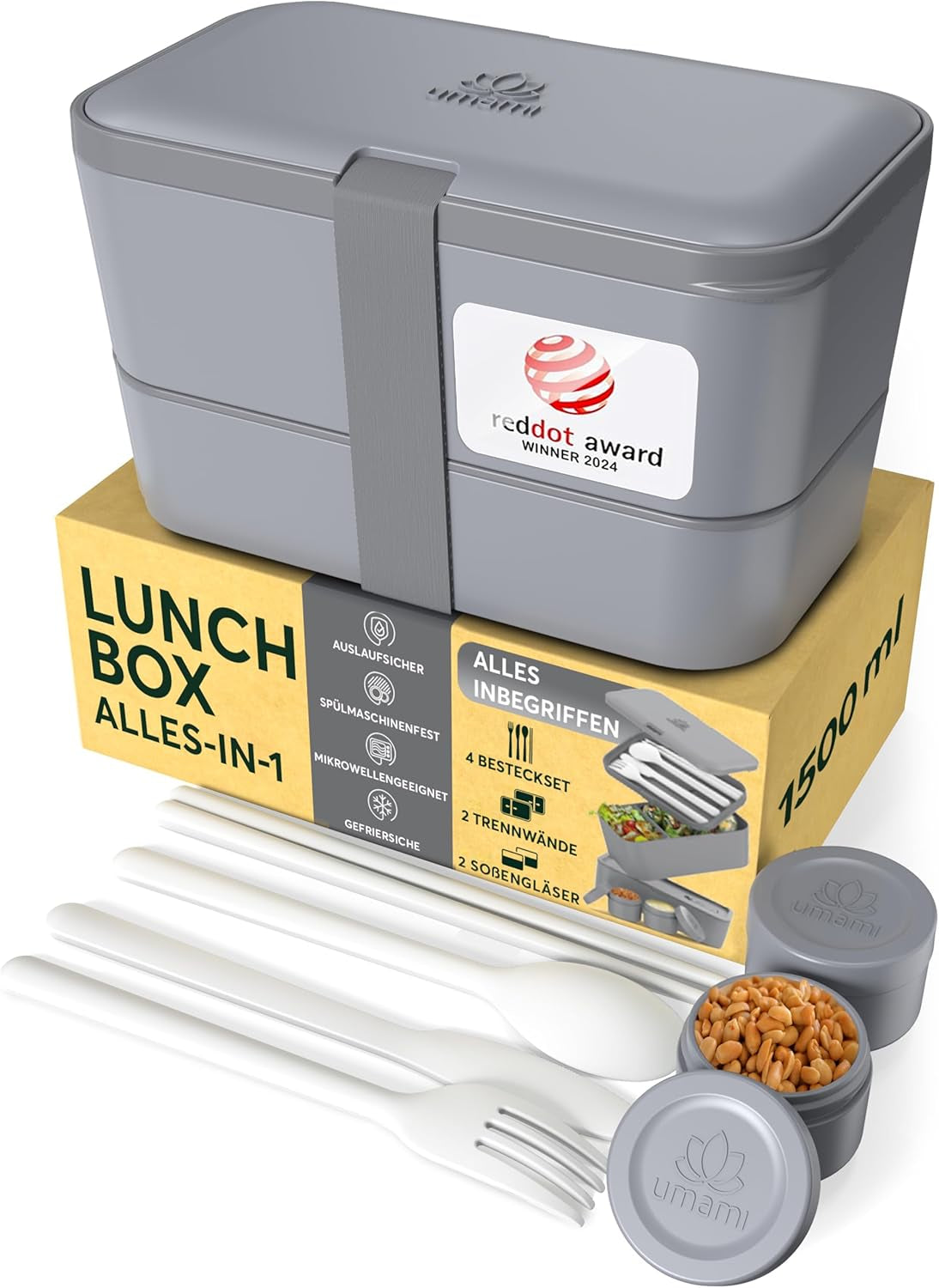 Box na oběd Umami pro dospělé, 4 uzavíratelné příbory a přihrádky Bento Box, Box na oběd pro dospělé, Zásobník na salát, Piknikový / Kancelářský box na oběd, Šedá uhlí, 1500 ml Naty Shop Krabice na potraviny Uhlově šedá L - 1500 ml Stohovatelné Uvnitř každé další