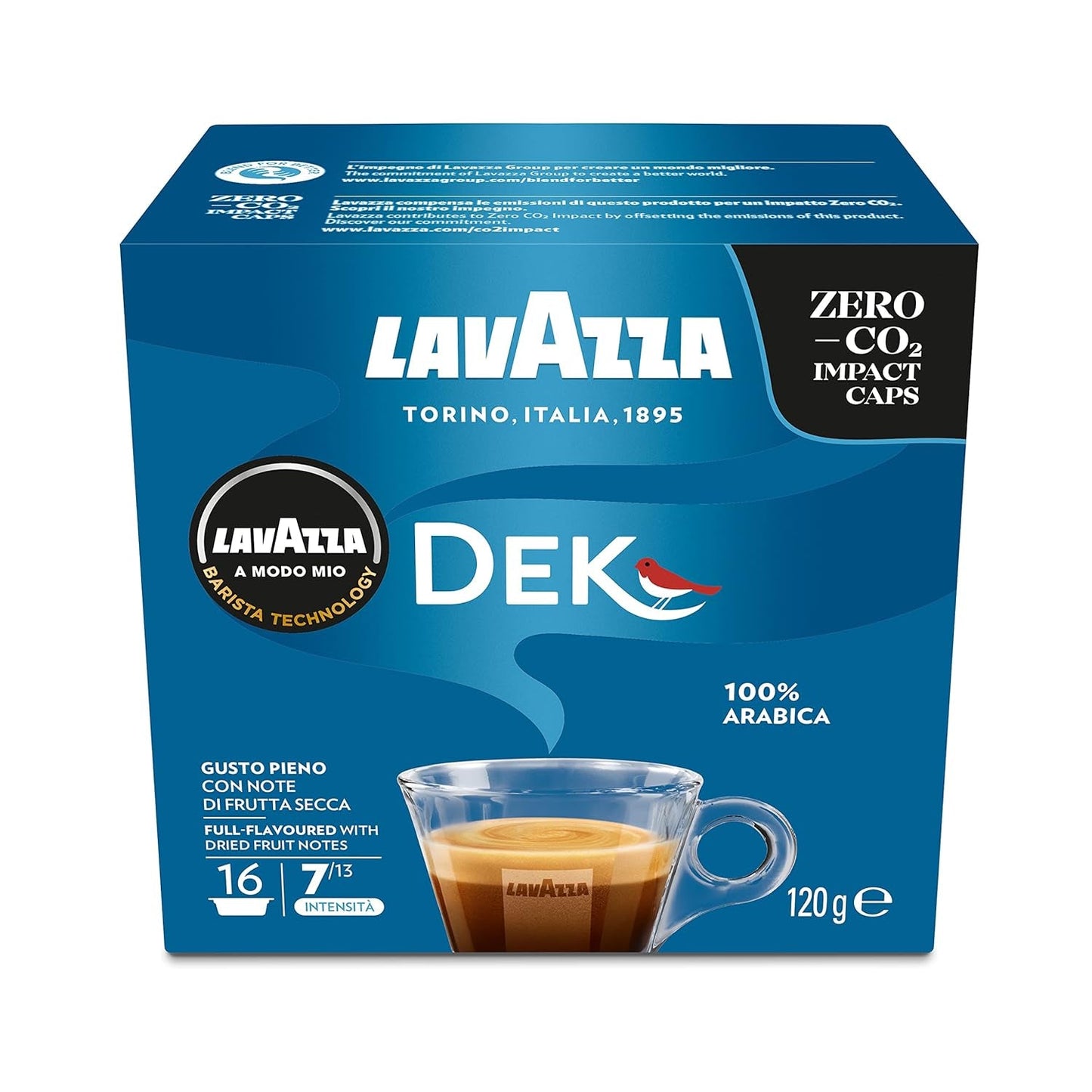 Lavazza A Modo Mio Dek Cremoso, 256 kávových kapslí, na espresso bez kofeinu s aromatickými tóny mandlí a canditis, 100% Arabica, intenzita 7/13, středně pražení, 16 balení