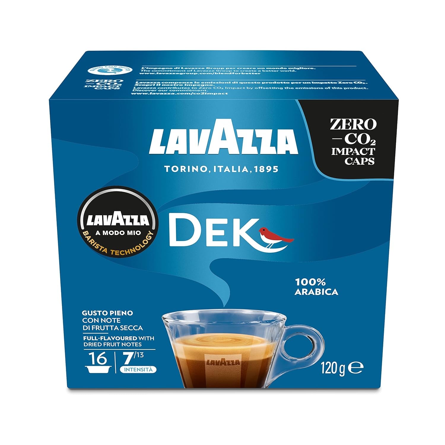 Lavazza A Modo Mio Dek Cremoso, 256 kávových kapslí, na espresso bez kofeinu s aromatickými tóny mandlí a canditis, 100% Arabica, intenzita 7/13, středně pražení, 16 balení