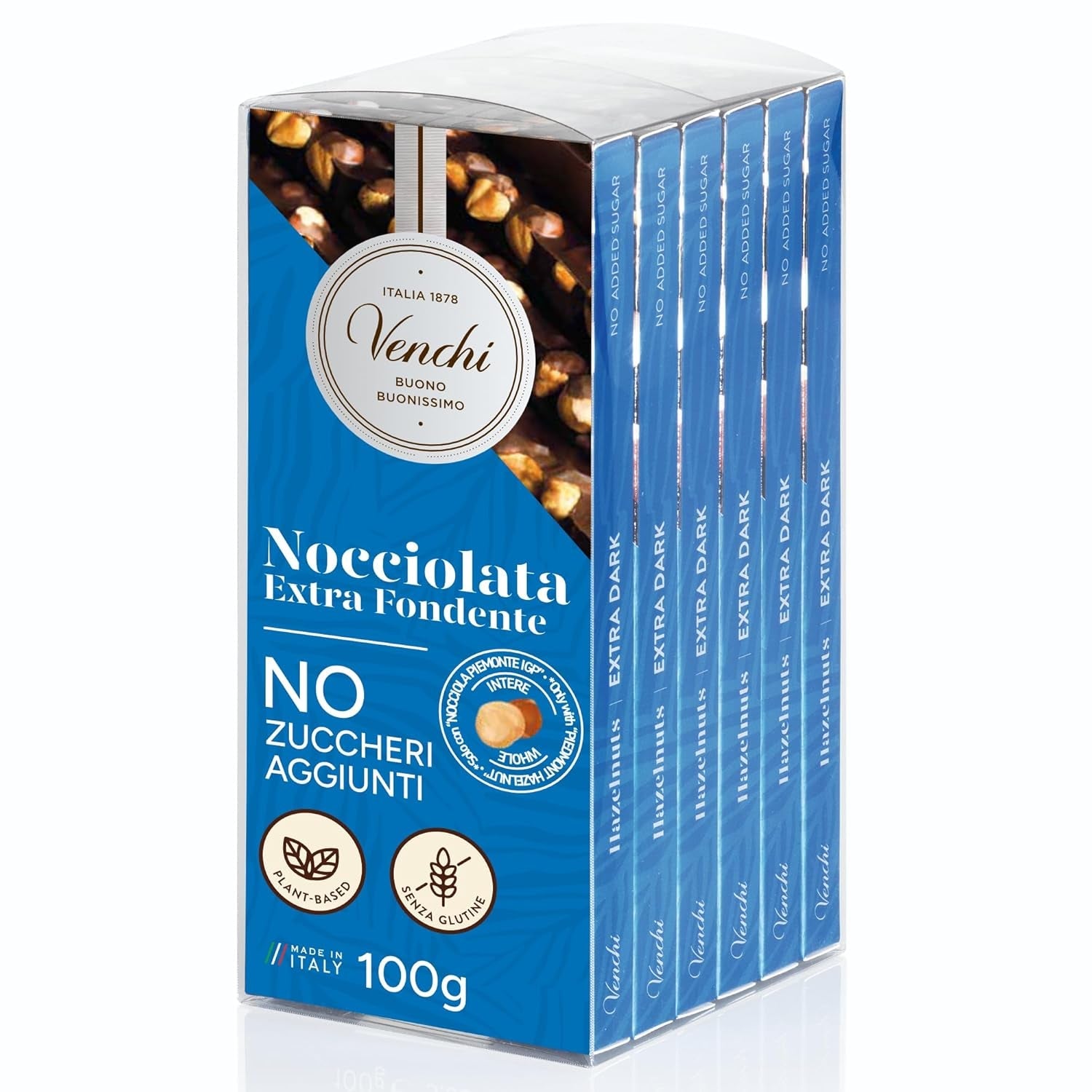 Venchi - Balení 6 kusů hořké čokolády s lískovými oříšky, 600 g - Bez přidaného cukru - Bez umělých sladidel - Bez lepku - Vegan - Tip na dárek