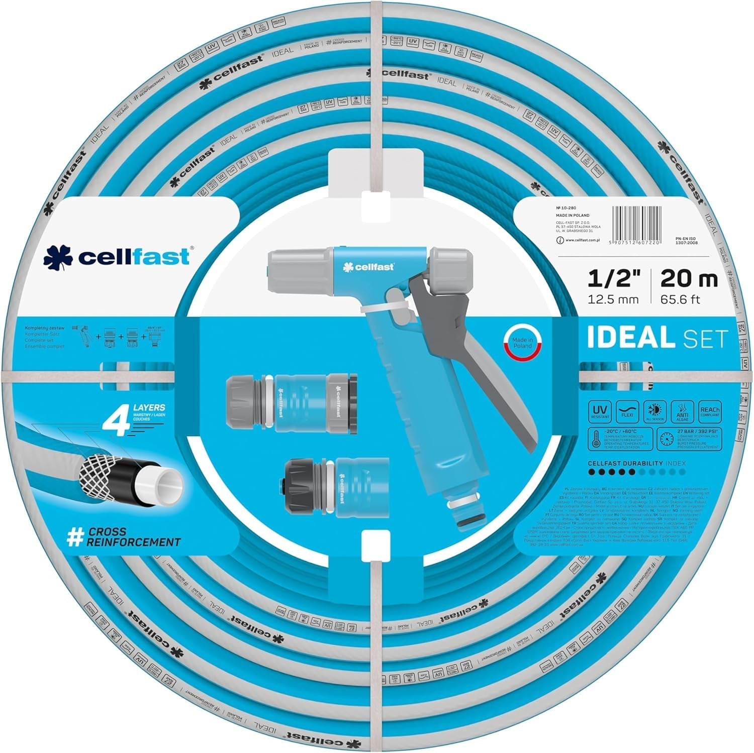 Sada zahradních hadic Cellfast Ideal, robustní, flexibilní, 4vrstvá, sprinklerová, odolná vůči UV záření a řasám, Technologie Reach, 27 bar, -20/+60° krátkodobě, 1/2 palce, 20 m