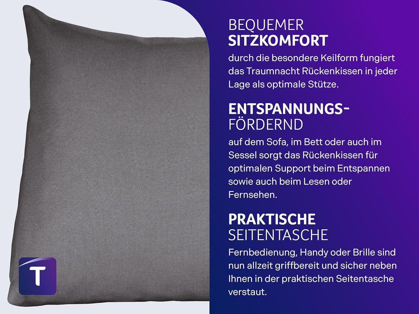 Polštář na čtení Traumnacht Cozy Back Cushion, 70 x 40 cm tmavě šedý, snímatelný a pratelný potah ze 100% polyesteru, praktická boční kapsa, certifikováno Oeko-Tex, vyrobeno podle německých norem kvality