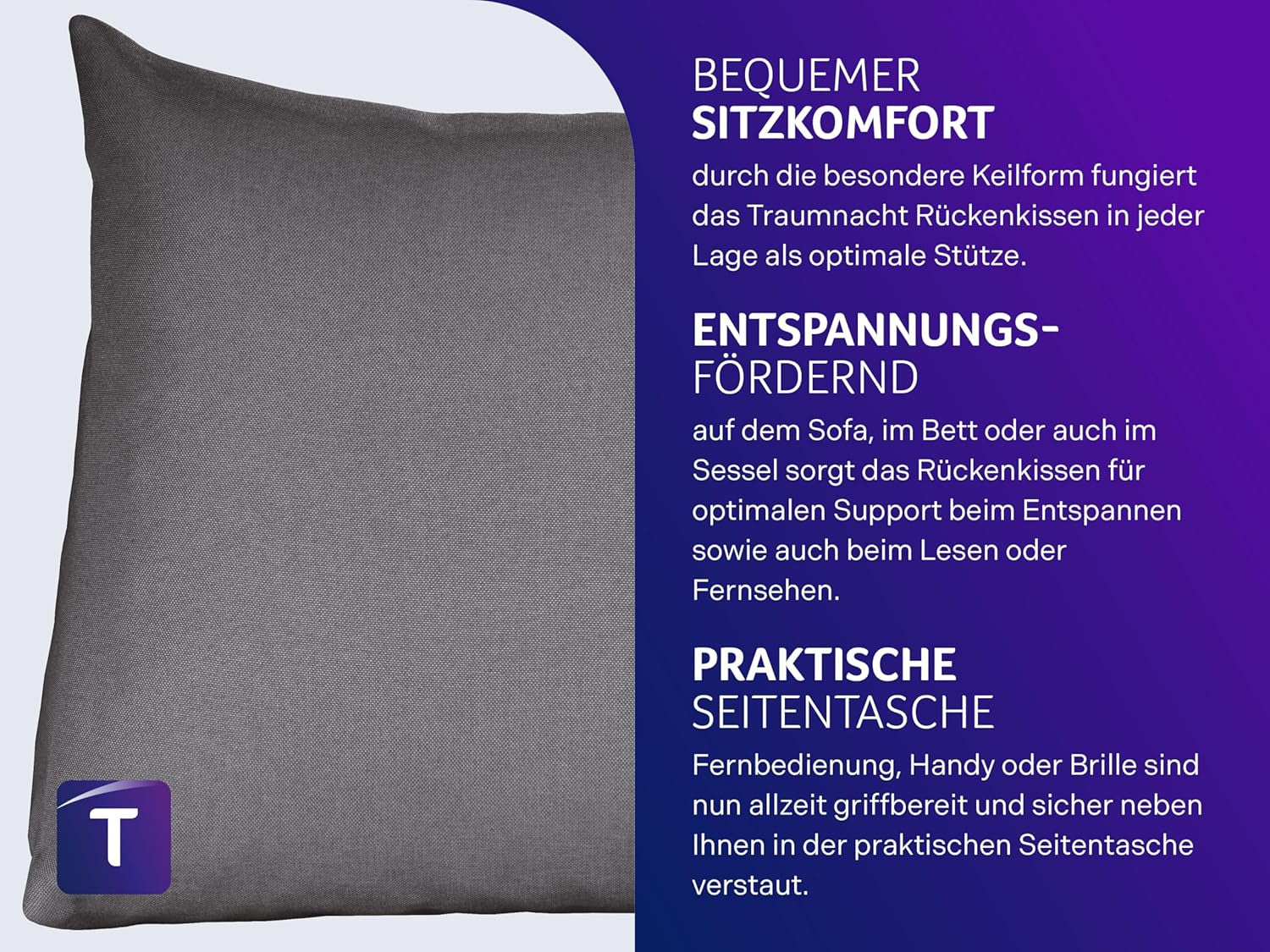 Polštář na čtení Traumnacht Cozy Back Cushion, 70 x 40 cm tmavě šedý, snímatelný a pratelný potah ze 100% polyesteru, praktická boční kapsa, certifikováno Oeko-Tex, vyrobeno podle německých norem kvality