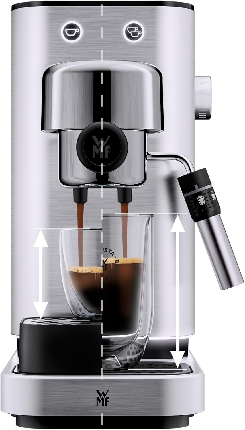 Kávovar WMF Lumero, portafiltr, 1400 wattů, portafilter, 3 vložky, pro 1-2 šálky na espresso, včetně kapslí, 15 bar, držák šálků, napěňovač mléka, matná nerezová ocel