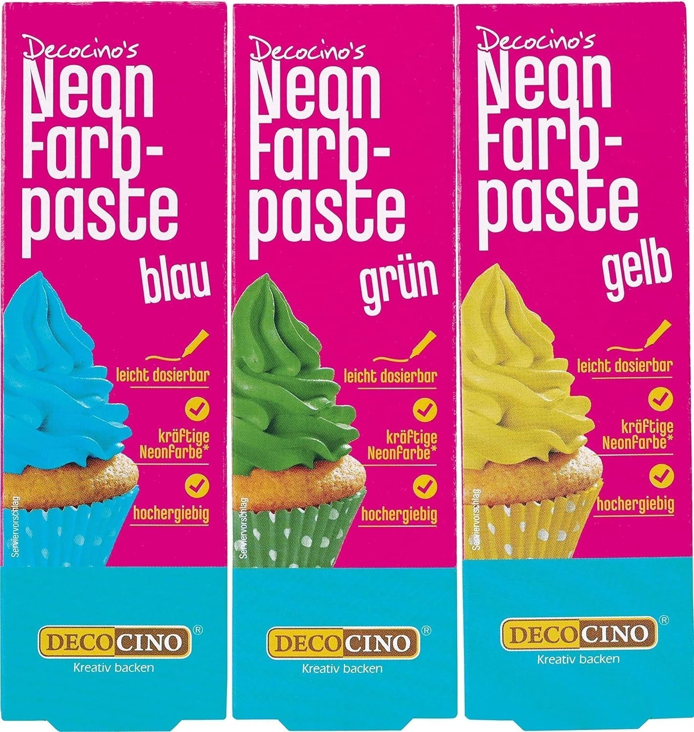 Sada potravinářských barviv Decocino Neon – 3 kusy – červená, růžová, fialová – potravinářské barvivo s vysokou dávkou – na barvení dortů, muffinů, cupcaků – bez chuti