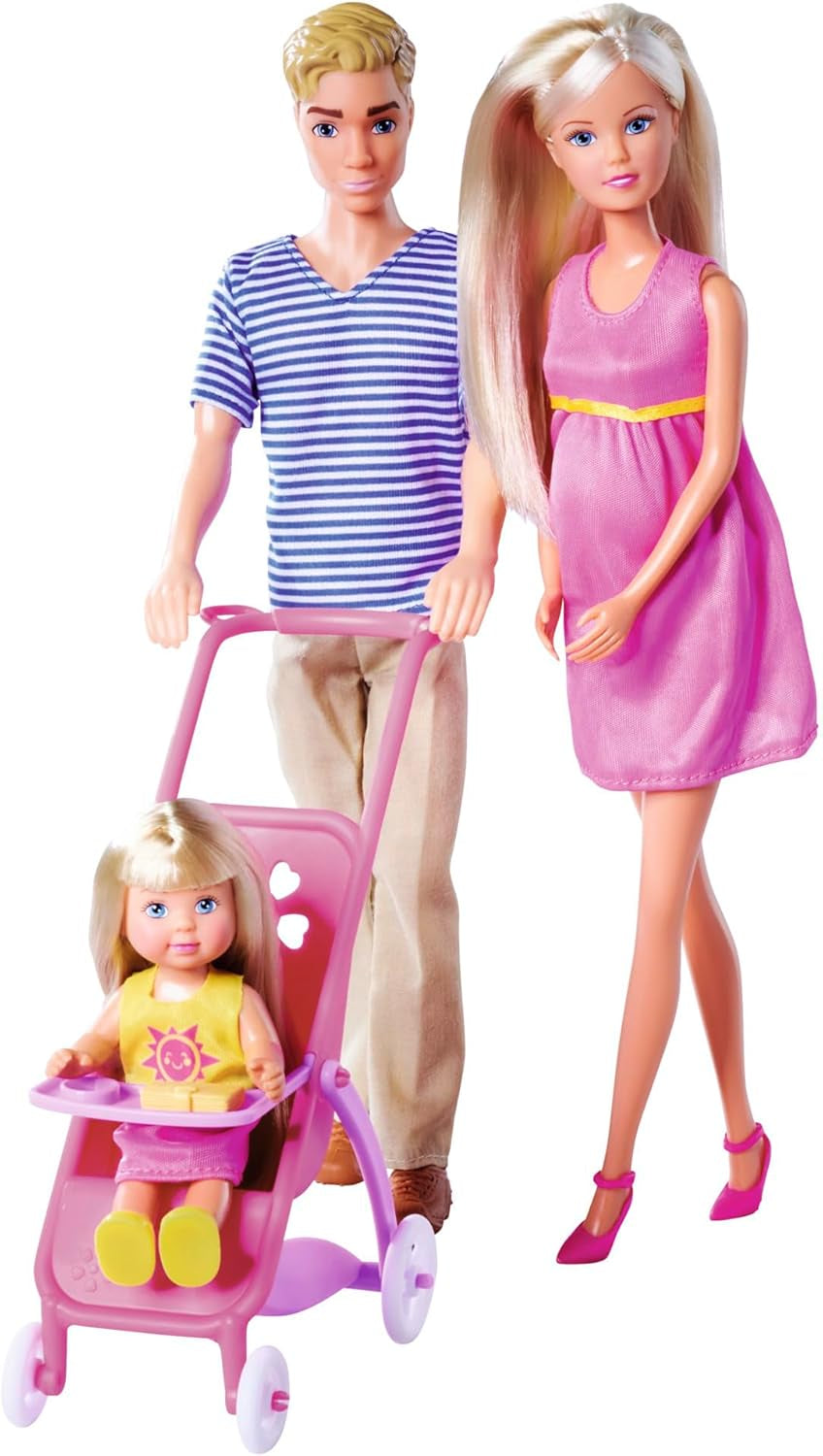 Simba 105733673 - Steffi Love Šťastná rodina, těhotná panenka, Kevin, Evi a miminko s kočárkem, 11 kusů, doplňky, 30 cm, věk 3+