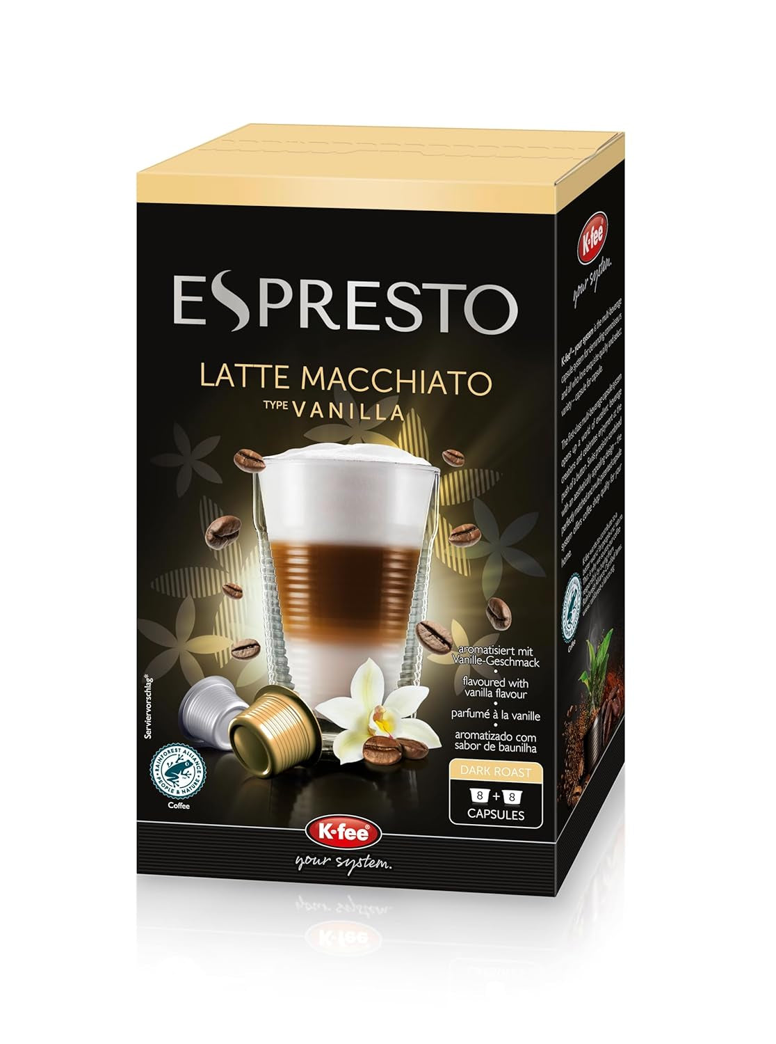 ESPRESTO Latte Macchiato Type Vanille, kompatibilní s K-fee & ALDI EXPRESSI*, certifikované RFA, sladké a harmonické, 48 kávových kapslí a 48 mléčných kapslí