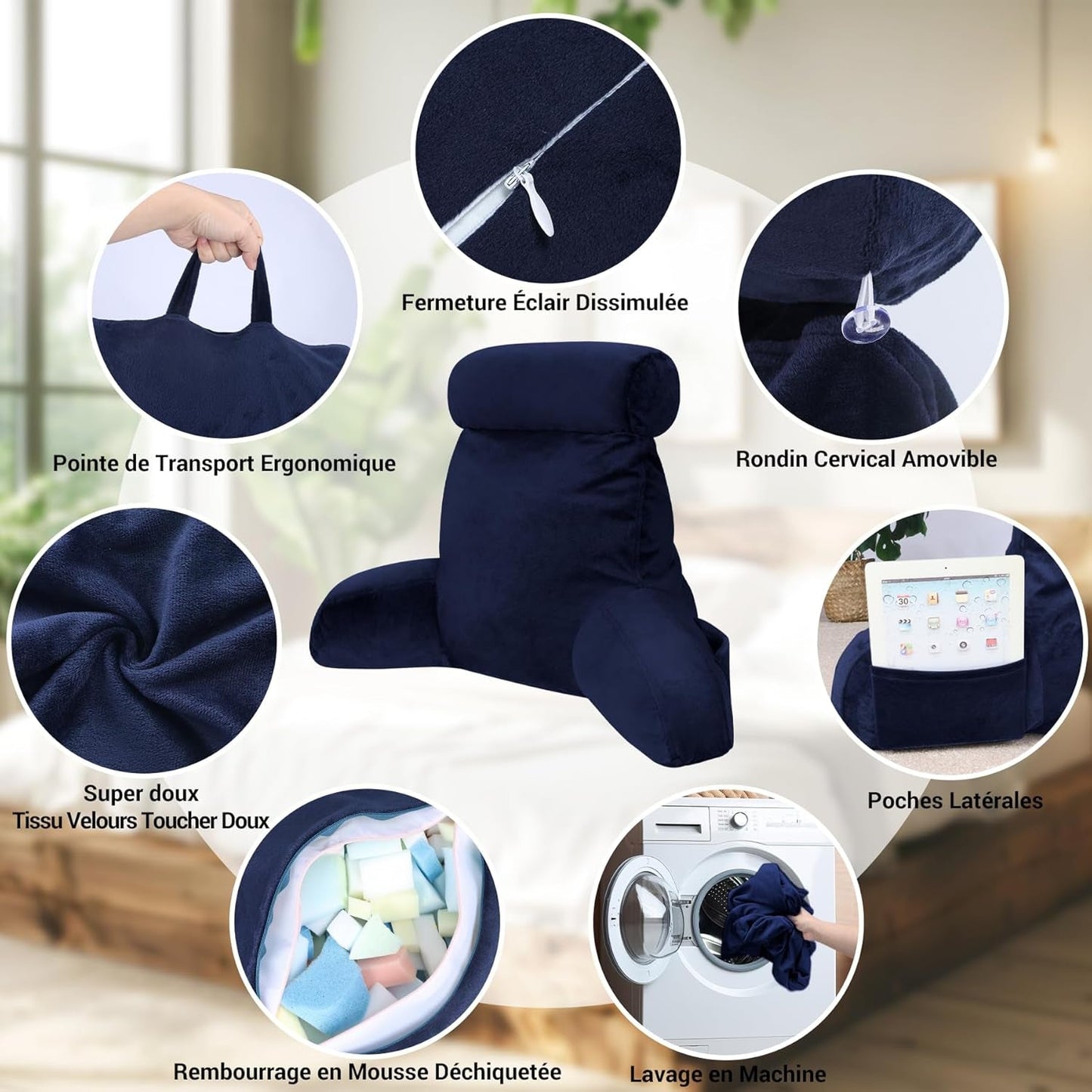 INFANZIA ergonomický polštář na čtení s područkami, opěrka zad, tmavě modrá