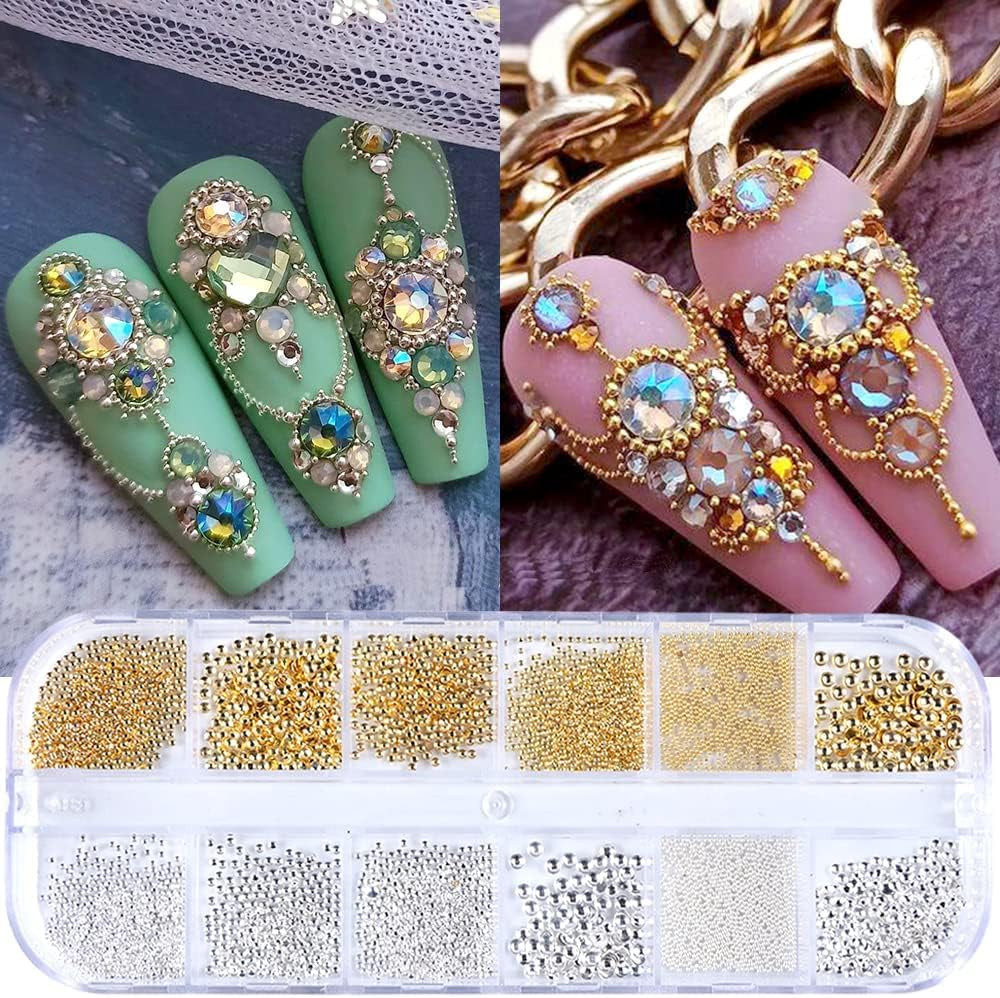 GZMAYUEN Nail Art Perlen Micro Caviar Für Nägel, 0,3-3 mm Goldene Silber Mini Caviar Strasssteine, Weiß Béžový Mini Nägel Perlen Mikroperlen Dekor Für Nägel