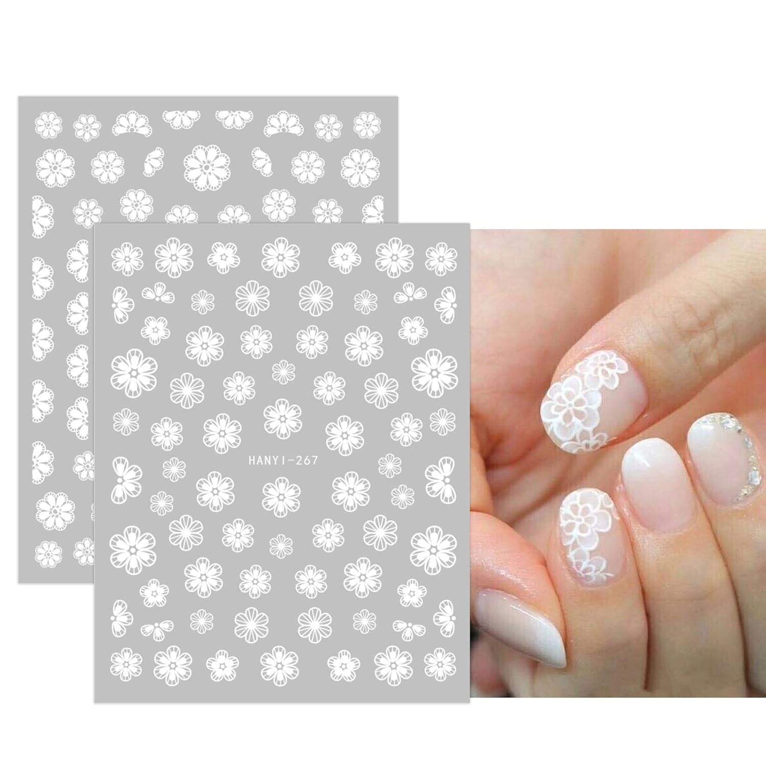 JMEOWIO Nálepka na nehty Frühlings Weiß Blume 12 Blatt Nálepka na nehty Selbtklebend Nagelaufkleber Letní Schmetterling Blumen Blatt Dekoration Nageldesign Zubehör
