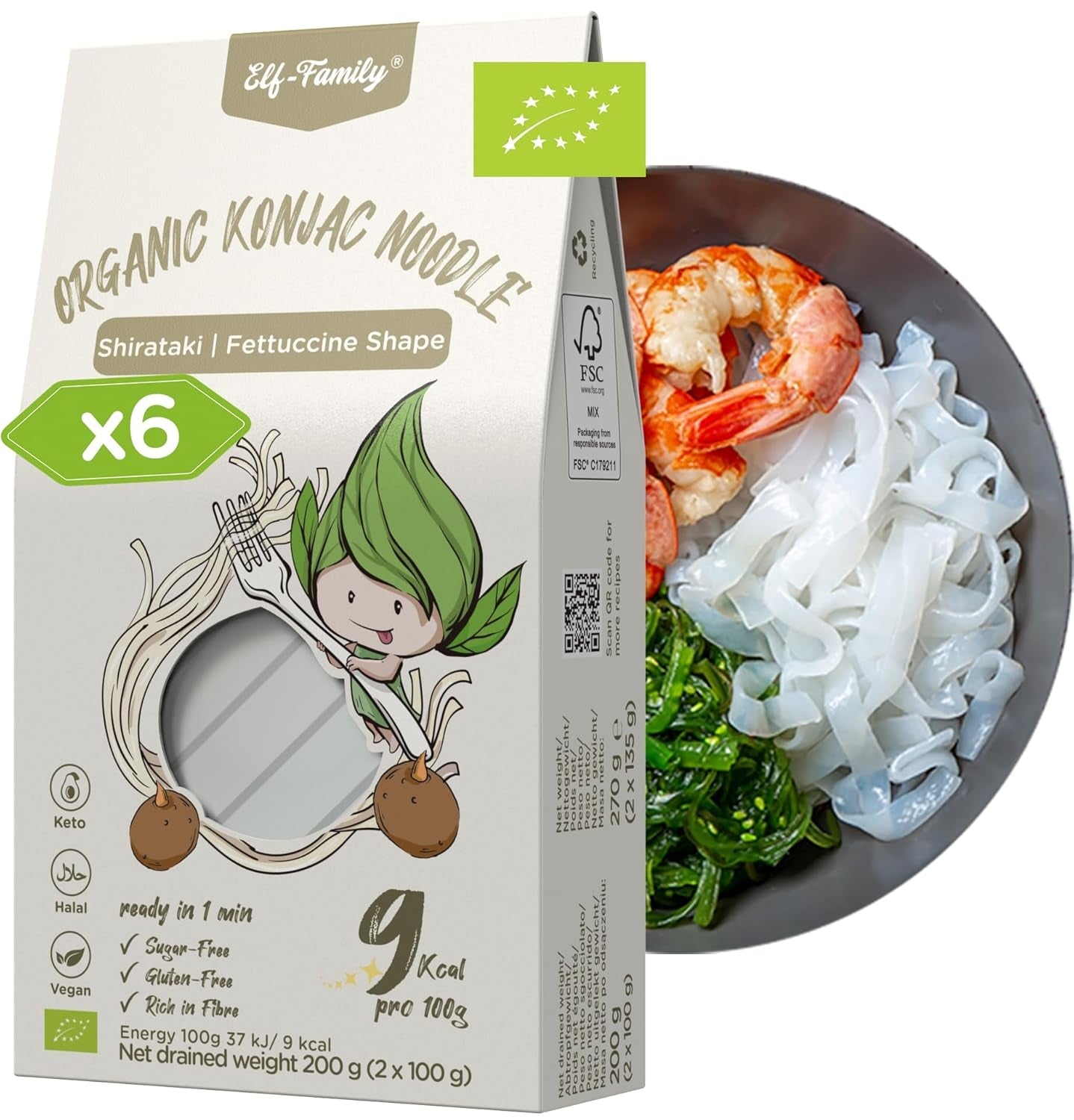 Elf-Family 270g x6er Box (12 balení) Bio Konjak Nudeln Ultra Low Carb Shirataki Nudeln Vegan Bezlepkové-Instantní Nudeln bez kohlenhydrátu/Keto/Kalorienarme/Fettfrei/Zuckerfrei -Spaghetti MHD/202/11