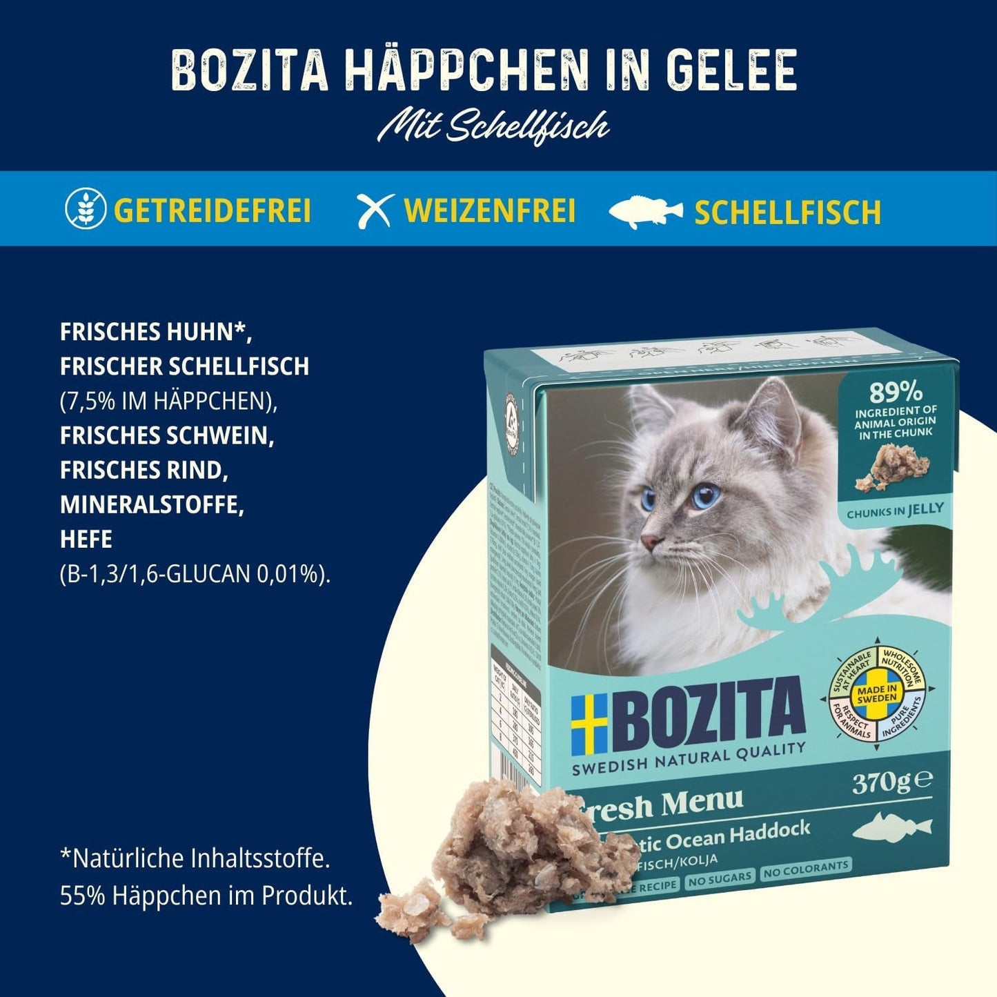 Mokré krmivo Bozita Tetra s treskou v želé - 6 x 370 g bez obilovin, bez přidaného cukru a bez GMO krmiva pro kočky - vyvážené, lahodné, se 7,5 % bílkovin a 5 % tuku