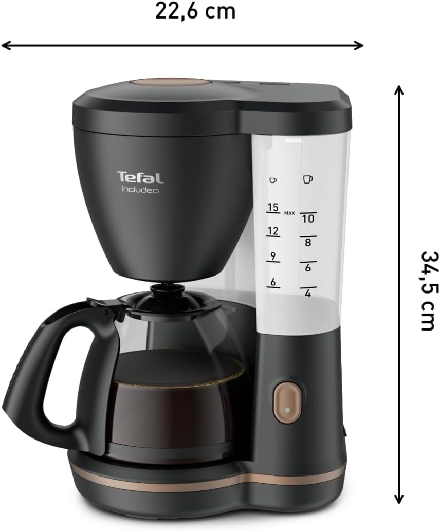Espresso kávovar Tefal Includeo Filter, Espresso extrémně snadné použití, Vhodné pro praváky i leváky, Automatické otevírání víka, 1,25 l, 10 až 15 šálků, CM533811