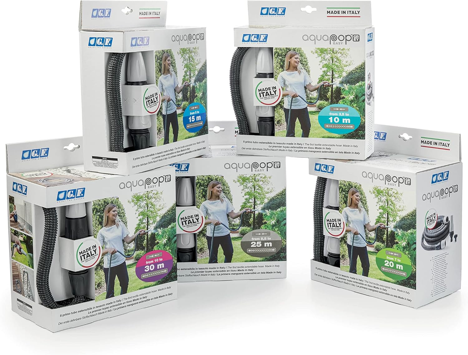 GF SRL, Aquapop Grey Easy 10, 10 metrů samonatahovací opletená hadice, vyrobená v Itálii, s mini zahradním postřikovačem a konektory pro zavlažování zahrady, tmavě šedá