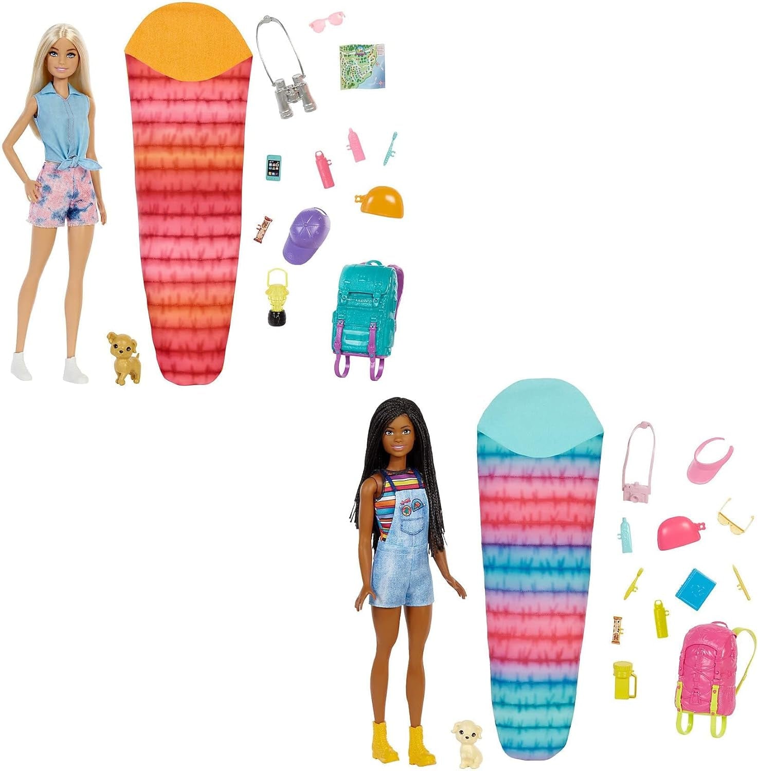 Panenka Barbie HDF74 ve dvou baleních! Brooklyn Camping Doll (bruneta se zapletenými copánky, cca 29 cm) se štěnětem, batohem, spacím pytlem, 10 kempingovými doplňky, dárek pro děti od 3 let