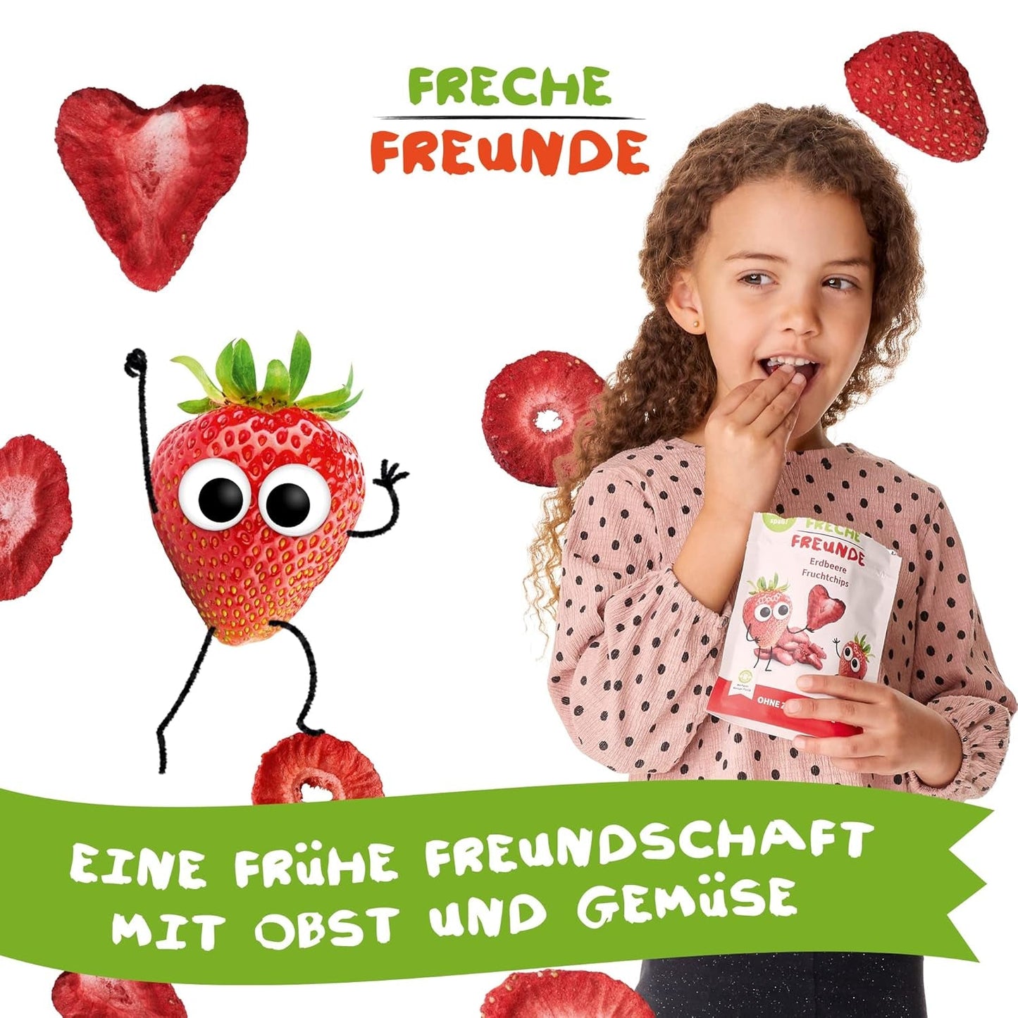 FRECHE FREUNDE Bio jahodové chipsy, mrazem sušené ovocné chipsy, přírodní sušené ovoce nakrájené bez přidaného cukru, veganské, bez laktózy, bez lepku, balení 12 ks (12 x 12 g)