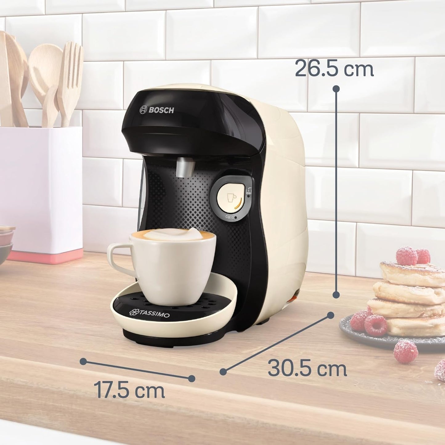 Bosch Tassimo Happy Friendly kávovar na kapsle TAS107E, 70+ nápojů, vhodný pro všechny šálky, Auto-Stop, udržitelný, perfektní dávkování, úspora místa, 1400 W, krémová/černá
