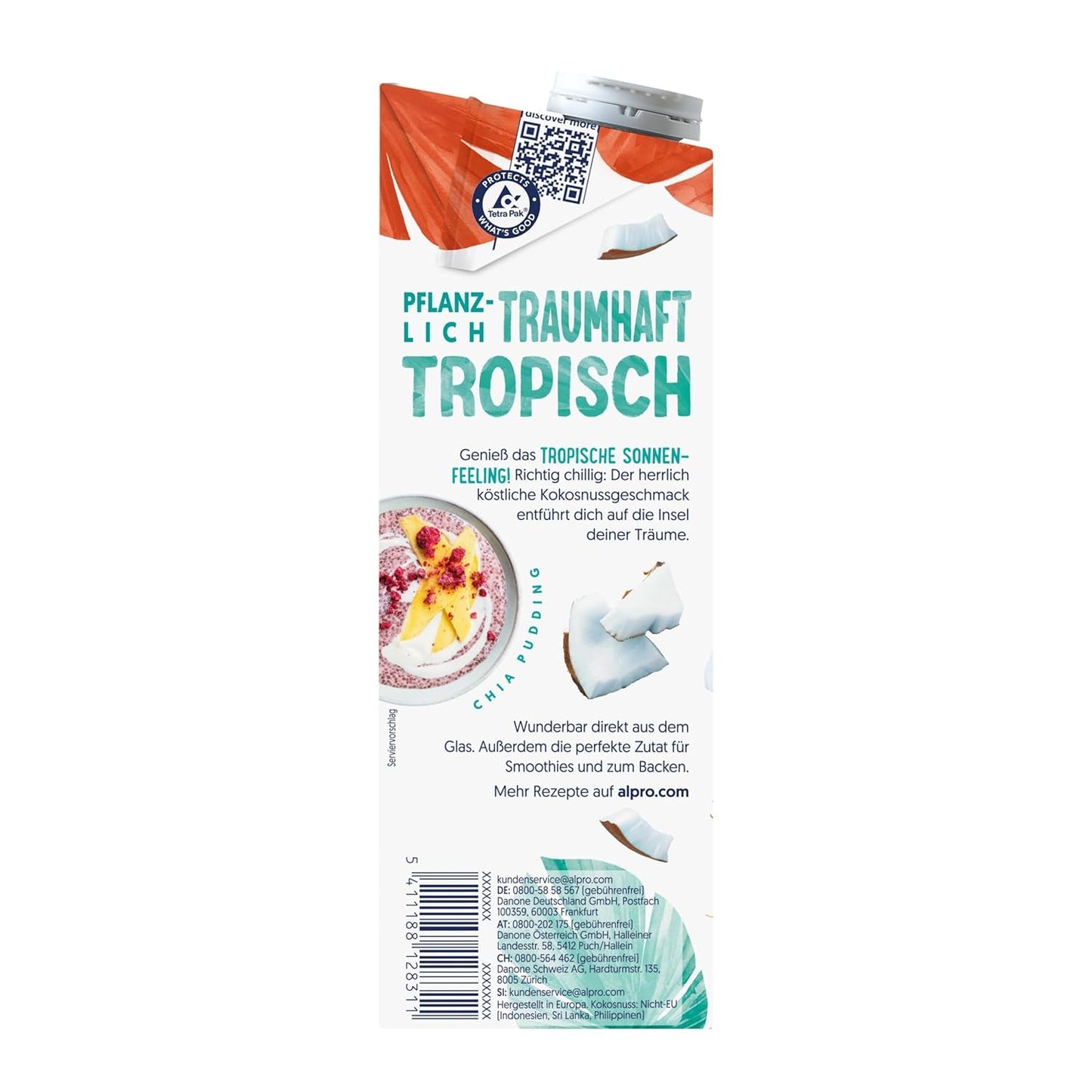 Alpro Kokosnussdrink ohne Zucker – Ohne Süßstoffe – Vegan und Milchfrei – Von Natur aus laktosefrei a fettarm – Bohaté na vápník a vitamíny – 8 x 1 l
