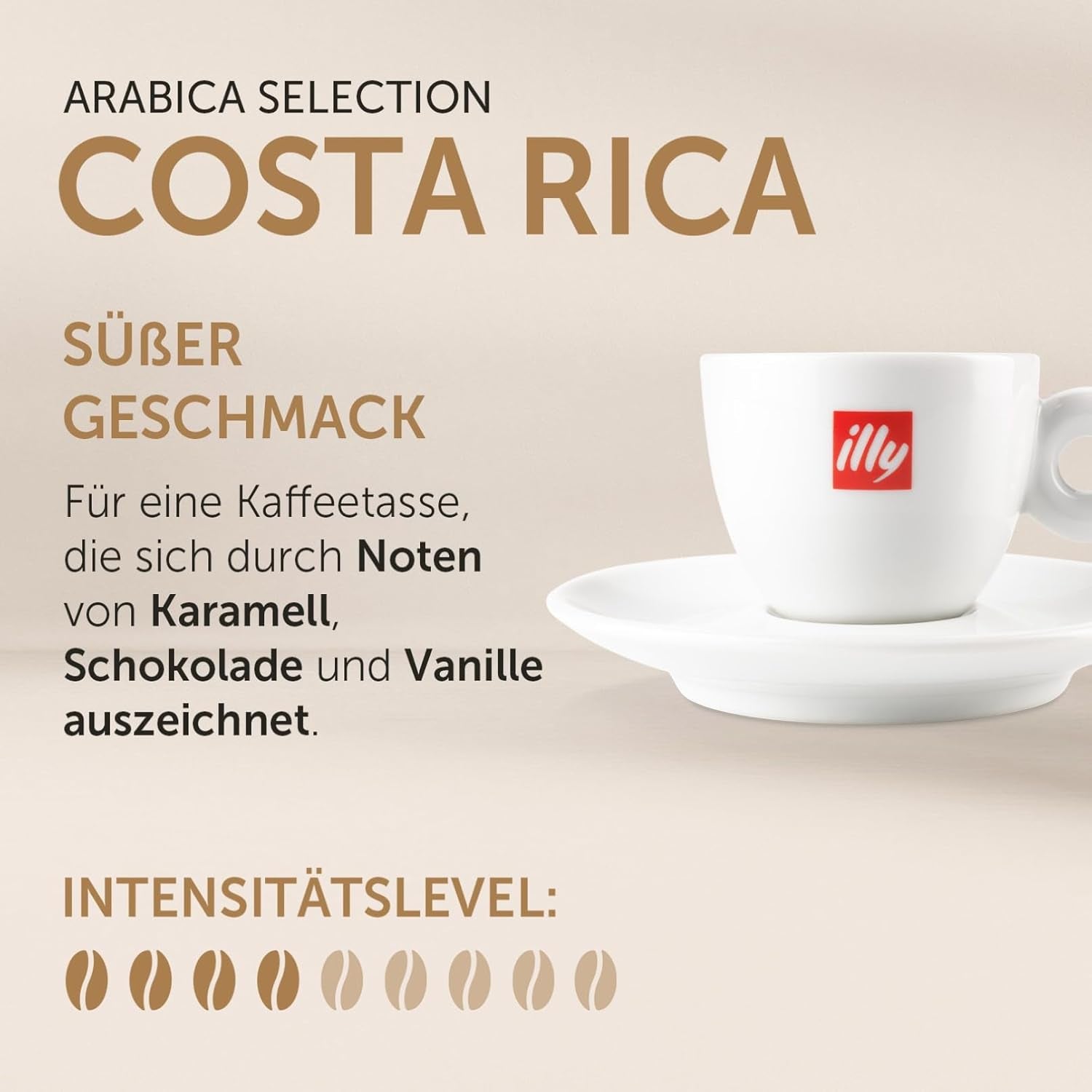 illy, Kaffeebohnen Arabica Selection Costa Rica, 100% Arabica s karamelem, čokoládou a vanillenoten, süßer Gesmack, 1 dávka s 250 g