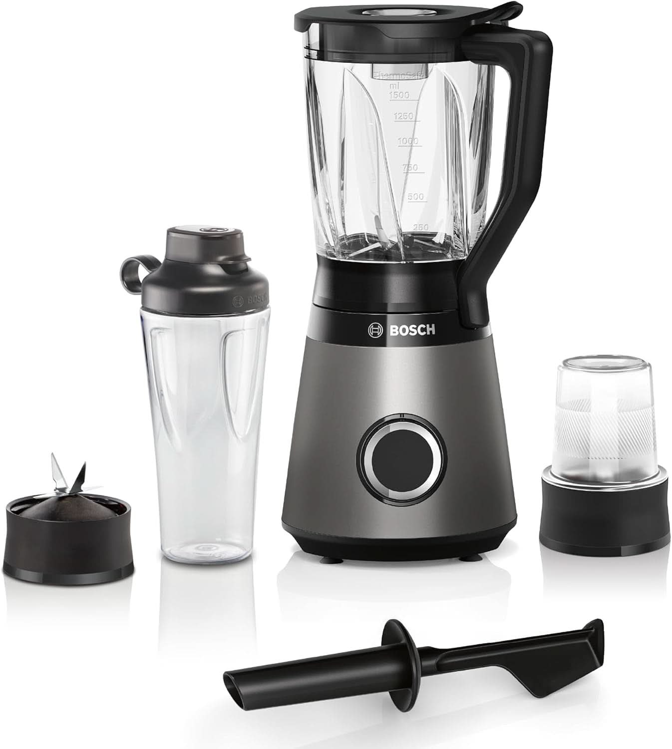 Bosch Standmixer Vitapower Serie 4 MMB6177S, Edelstahl-Klingen Made in Germany, 1,5L Thermosafe Glasbehälter, 0,6L To-Go-Flasche, Stopfer, Universalzerkleinerer, 30 000 U/Min, 1200 W, Silver Kitchen Naty Shop