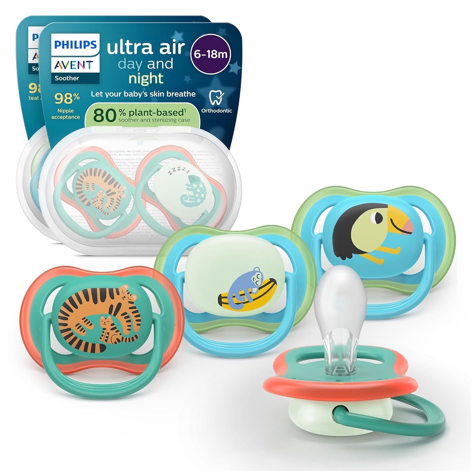 Dudlíky Philips AVENT ultra air - balení 4ks prodyšných dudlíků bez BPA pro miminka 6-18 měsíců, včetně pouzdra na přenášení a sterilizace, vzor želva/velryba (model SCF085/66)