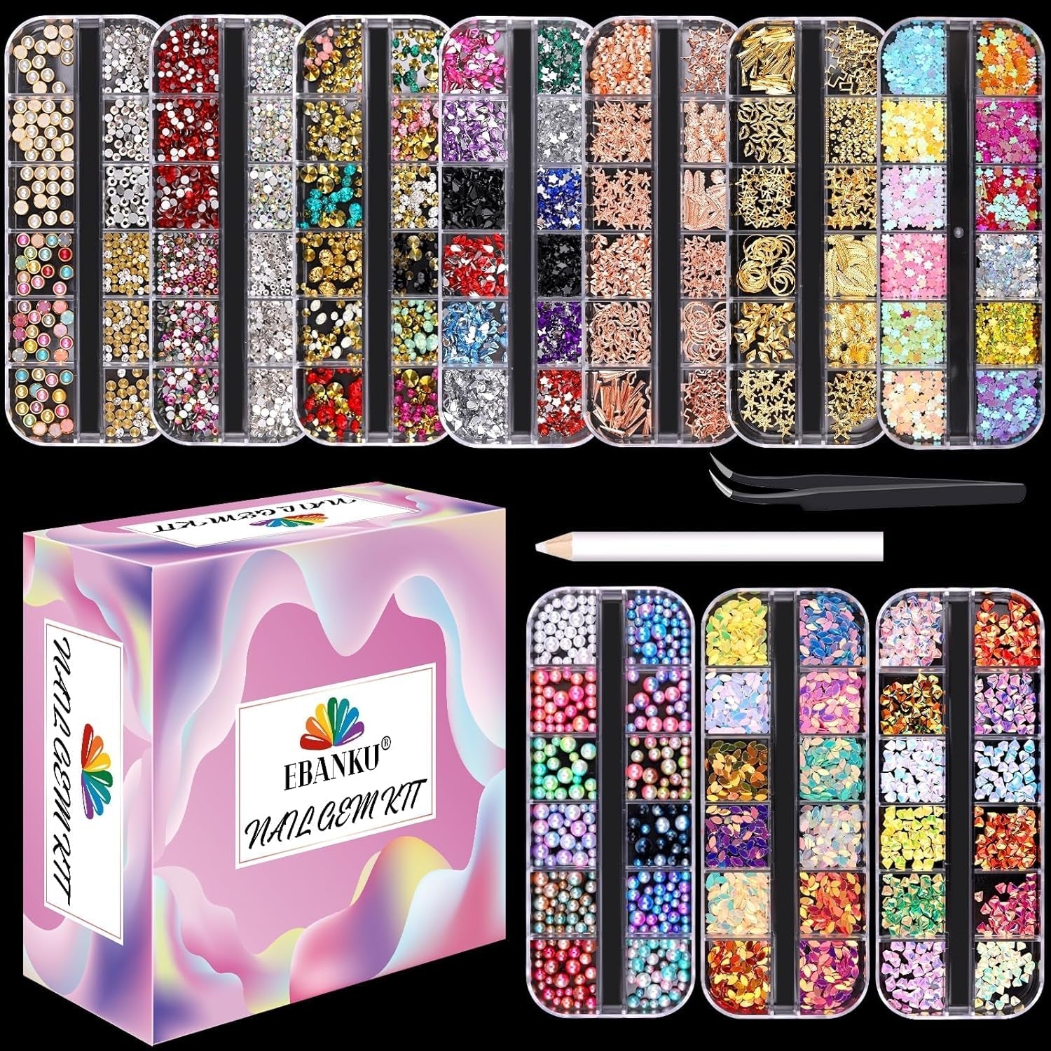 EBANKU Nail Art Strass Kit Multi Design Zubehör Mit 1 Pinzetten 1 Stück Wachsstifte Deko Diamanten Kristalle Perlen Edelsteine ​​​​Bunt Pferdeaugen Strass Metall Nieten Für Nagel DIY (1 kus (10Er Pack))
