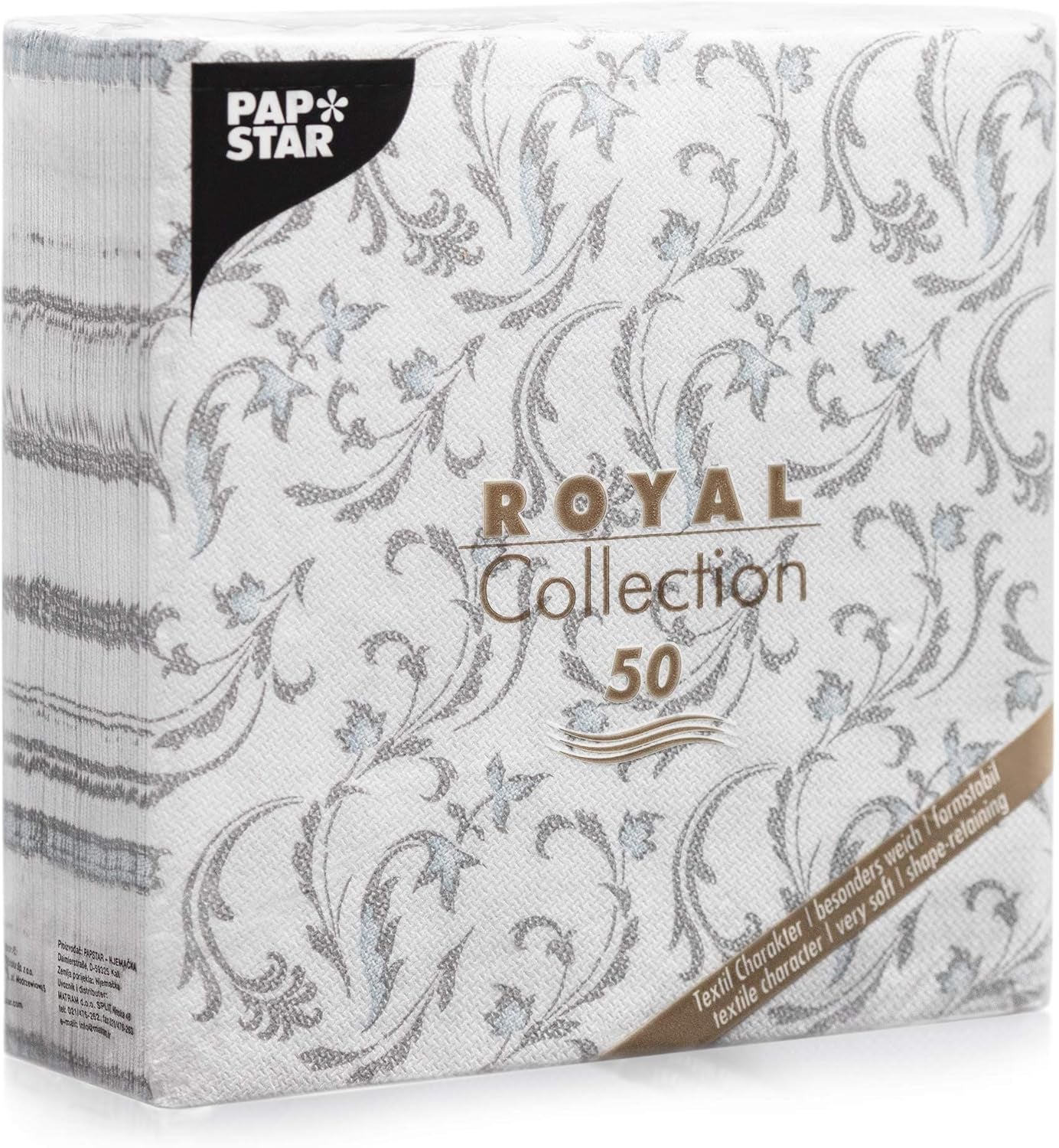 Papstar, 50 ubrousků "ROYAL Collection" 1/4-násobek 40 cm X 40 cm šedá "Damascato", #85005